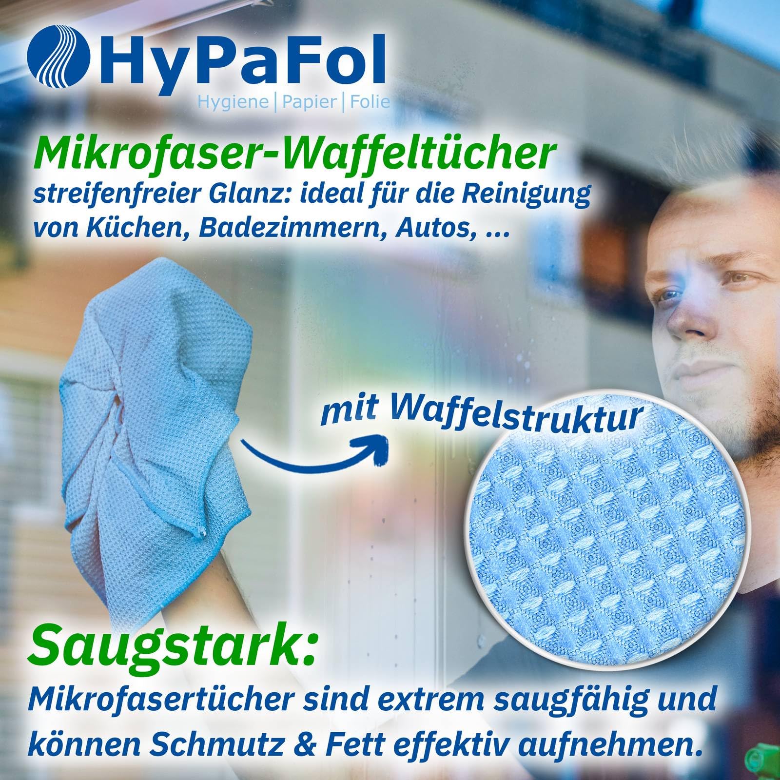 Hypafol Mikrofasertücher 50 Stück à 40x40 cm I Waffeltücher mit Randeinfassung zum Trocknen & Polieren I Saugstark & weich I Putzlappen zur streifenfreien Reinigung von Küche, Bad, Auto & Co.