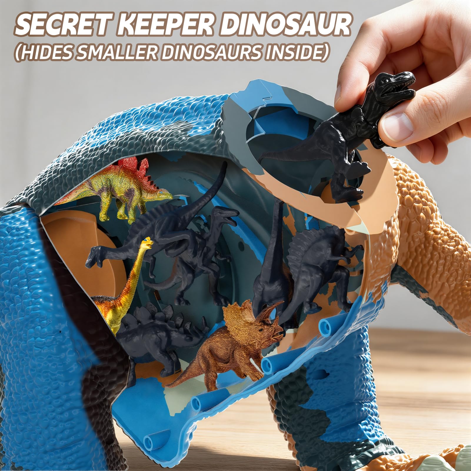 Figura de Dinosaurio de 24 Pulgadas con Ruedas Móviles, Rugido y Spray de Neblina – Cabeza y Cola Extraíbles, Contiene 10 Mini Dinosaurios – Juego Interactivo para Niños (Azul