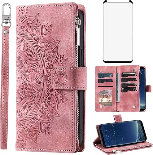 Asuwish Funda de teléfono para Samsung Galaxy S8 con protector de pantalla de vidrio templado y correa para la muñeca, diseño de flores de mandala,