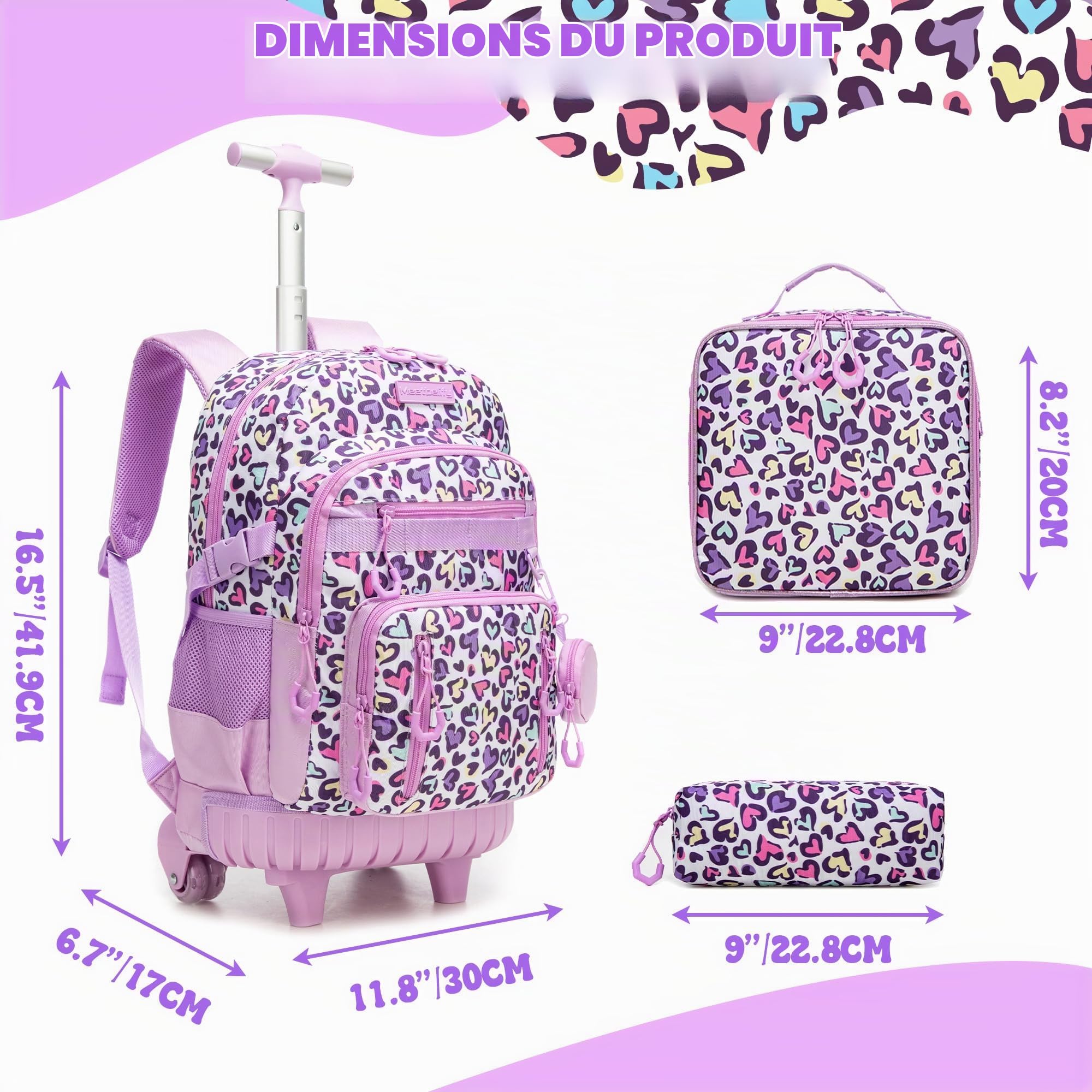 HTgroce Cartable a Roulette Fille cm1 Sac a Roulette Fille Primaire Rentree Scolaire CP,CE1,CE2