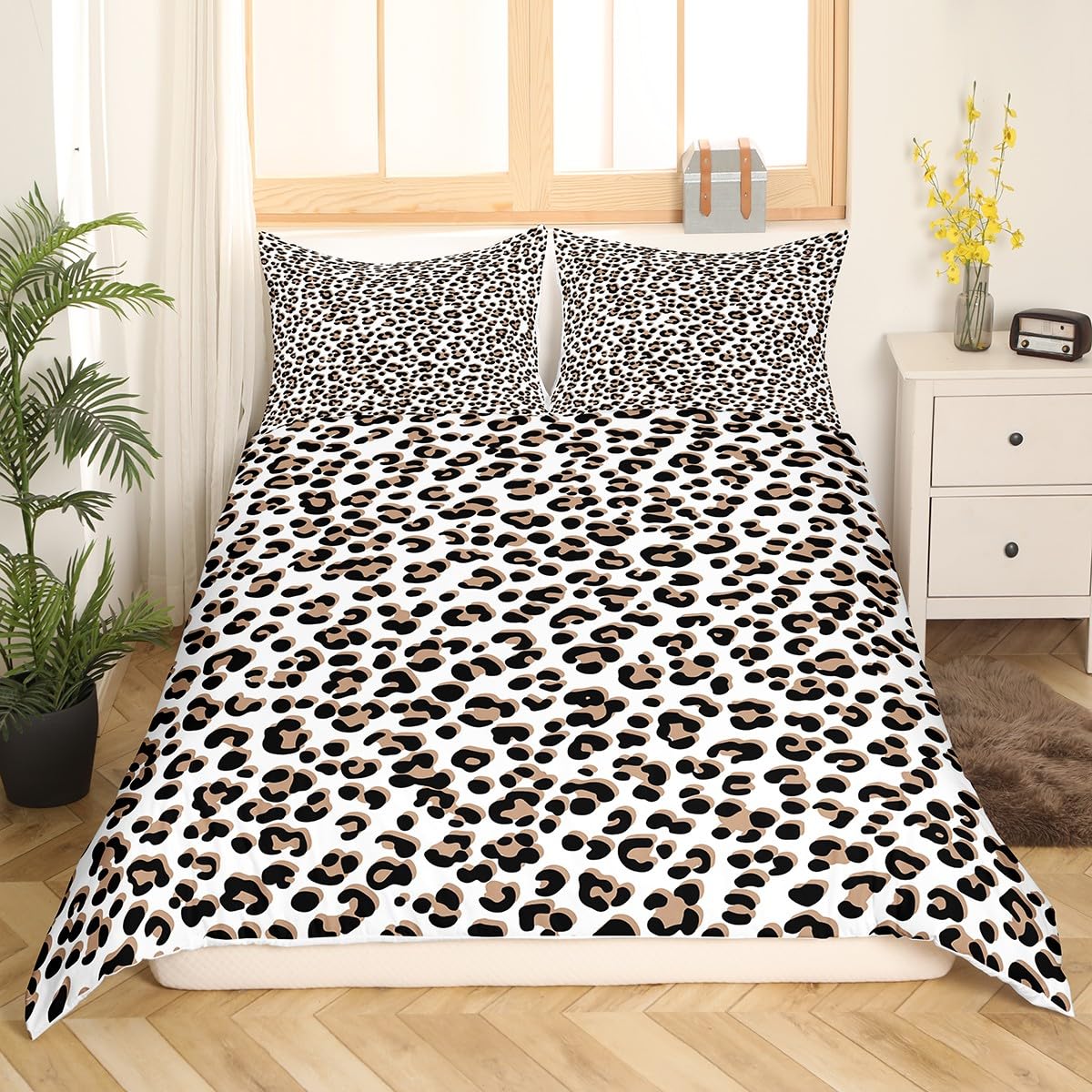 Leopard Print Duvet Cover Africa Cheetah Print Bedding Set for Kids Boys Girls Teens Decor Safari Animal Pattern Comforter Cover White Black Brown Leopard Bed Set 2Pcs Zipper Twin Size (No Comforter)