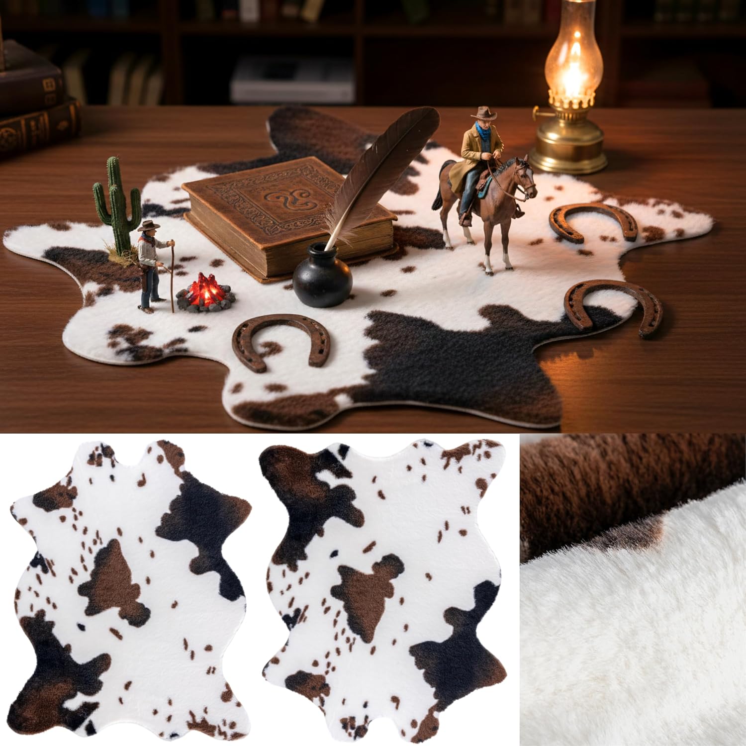 6 Pack Mini Soft Fur Faux Cowhide Rug 20x16 inch Rustic Chic Western Mat Cow Hide Rugs Carpet for Room Resting Area Table Centerpieces Cowboy Party Supplies Art Decor