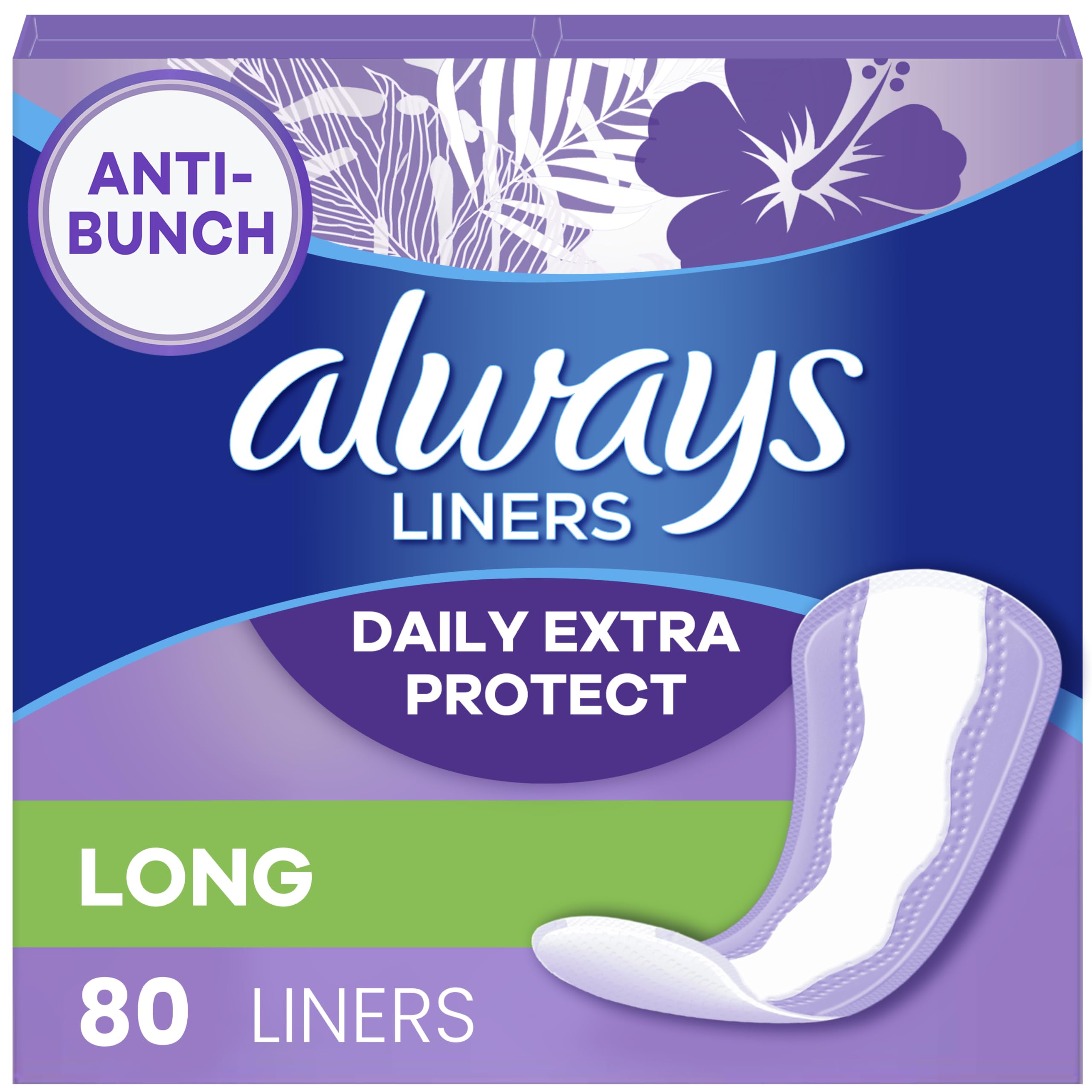 Always Anti-Bunch Xtra Protection, Panty Liners For Women, Light Absorbency, Long Length, Leakguard + Rapiddry, Unsented, 80 Count