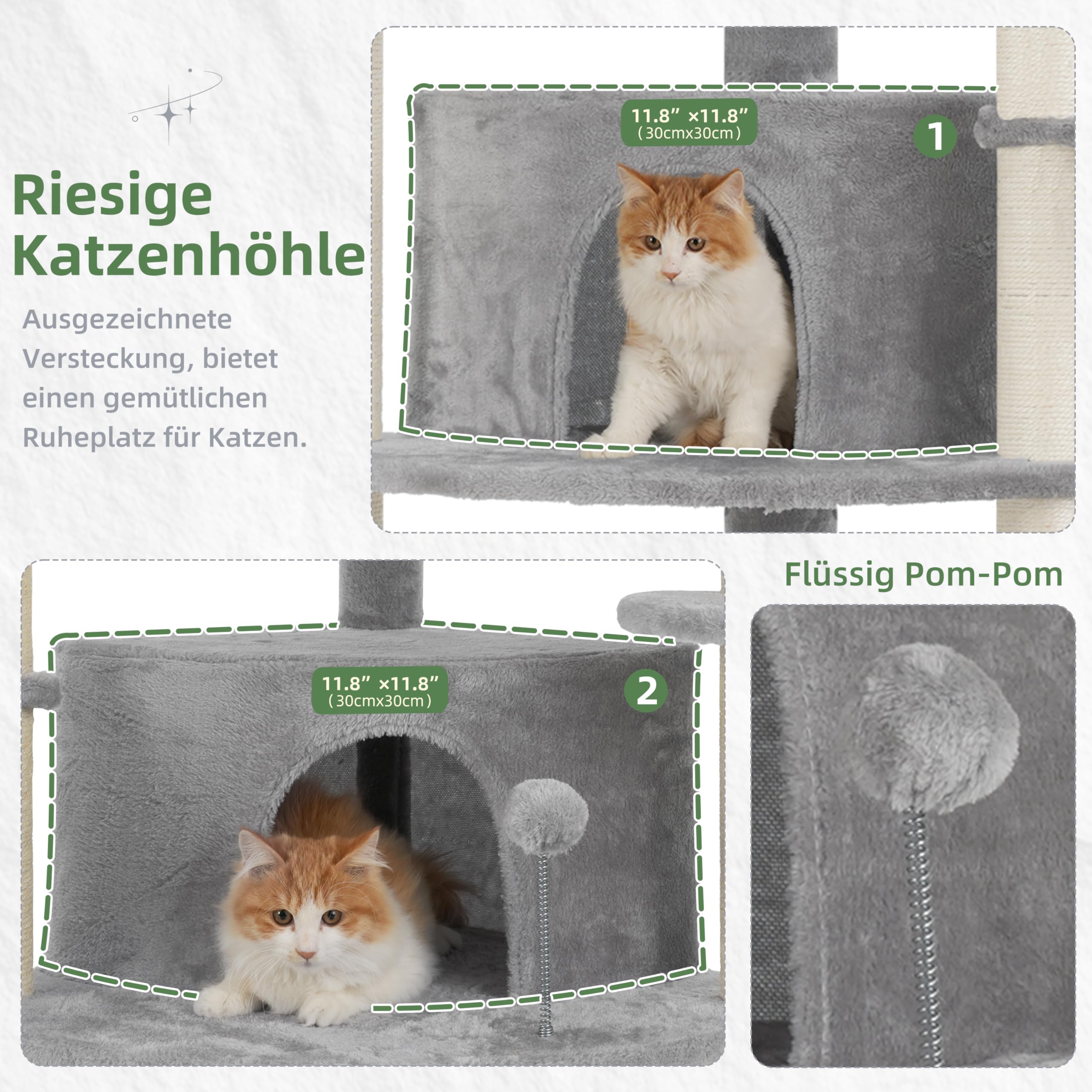 Gitelsnour Eck-Kratzbaum, Katzenbaum für Innenbereich, Mehrstöckiges katzenkratzbaum mit Sisal Kratzsäulen, 2 Katzenhöhlen, großer Oberplattform, 2 Hängender Katzenkorb, Hellgrau GCT035W