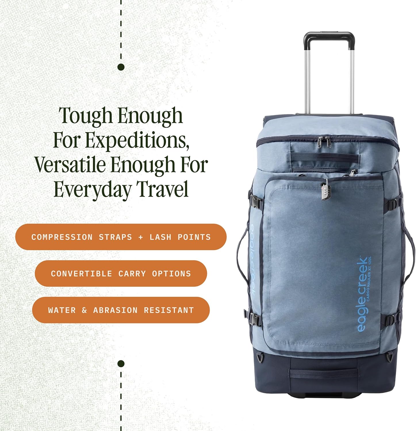 Eagle Creek Cargo Hauler XT Wheeled Duffel - Wheeled Backpack Duffel - Deployable Backpack Straps - Lockable U-Lid & Easy Access Compartment - 32" - Glacier Blue
