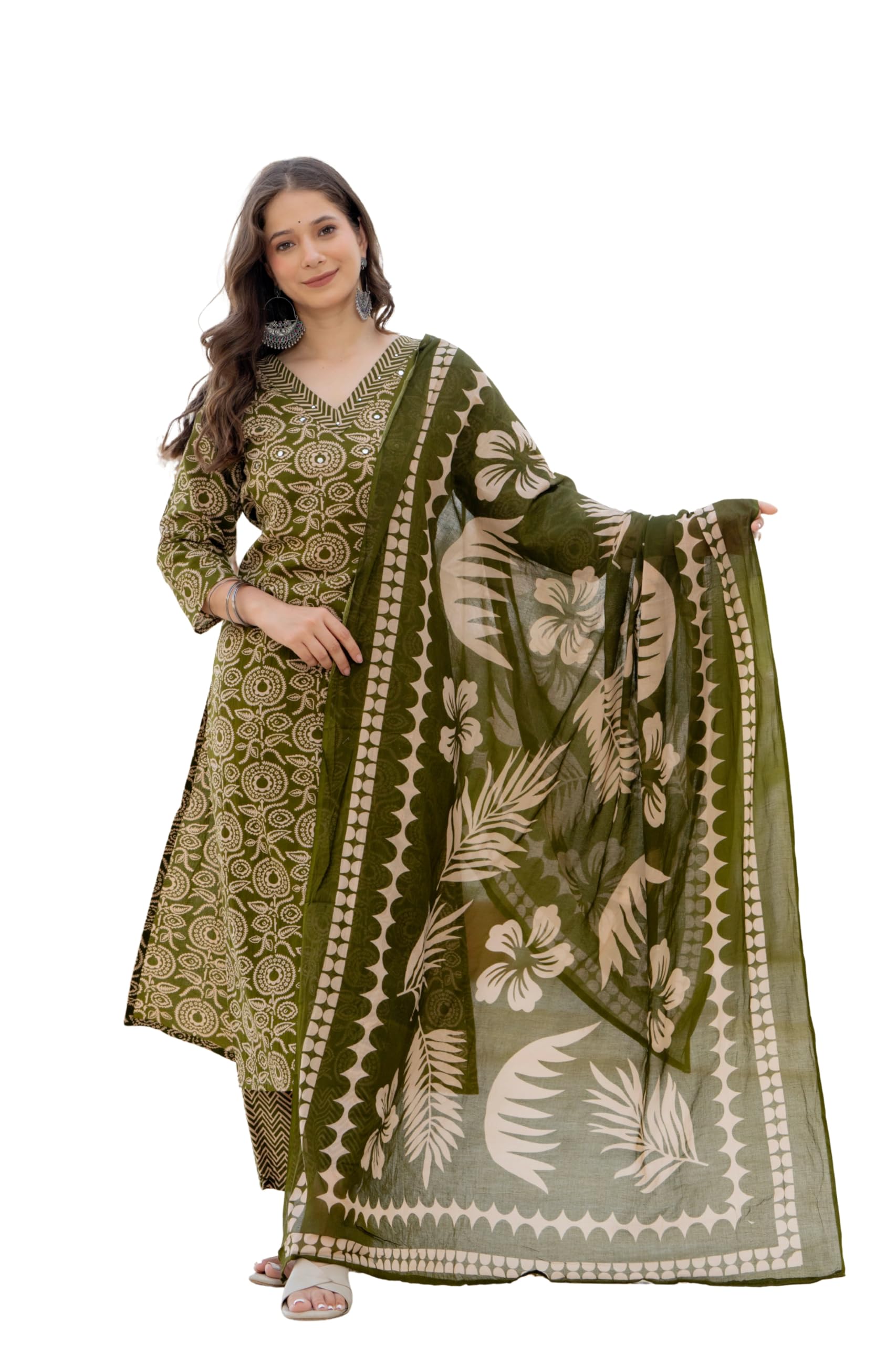 Rangnavi Women's Pure Cotton Printed Straight Kurta with Pants and Dupatta Set | Ethnic Set | Suit Set | Kurta Set