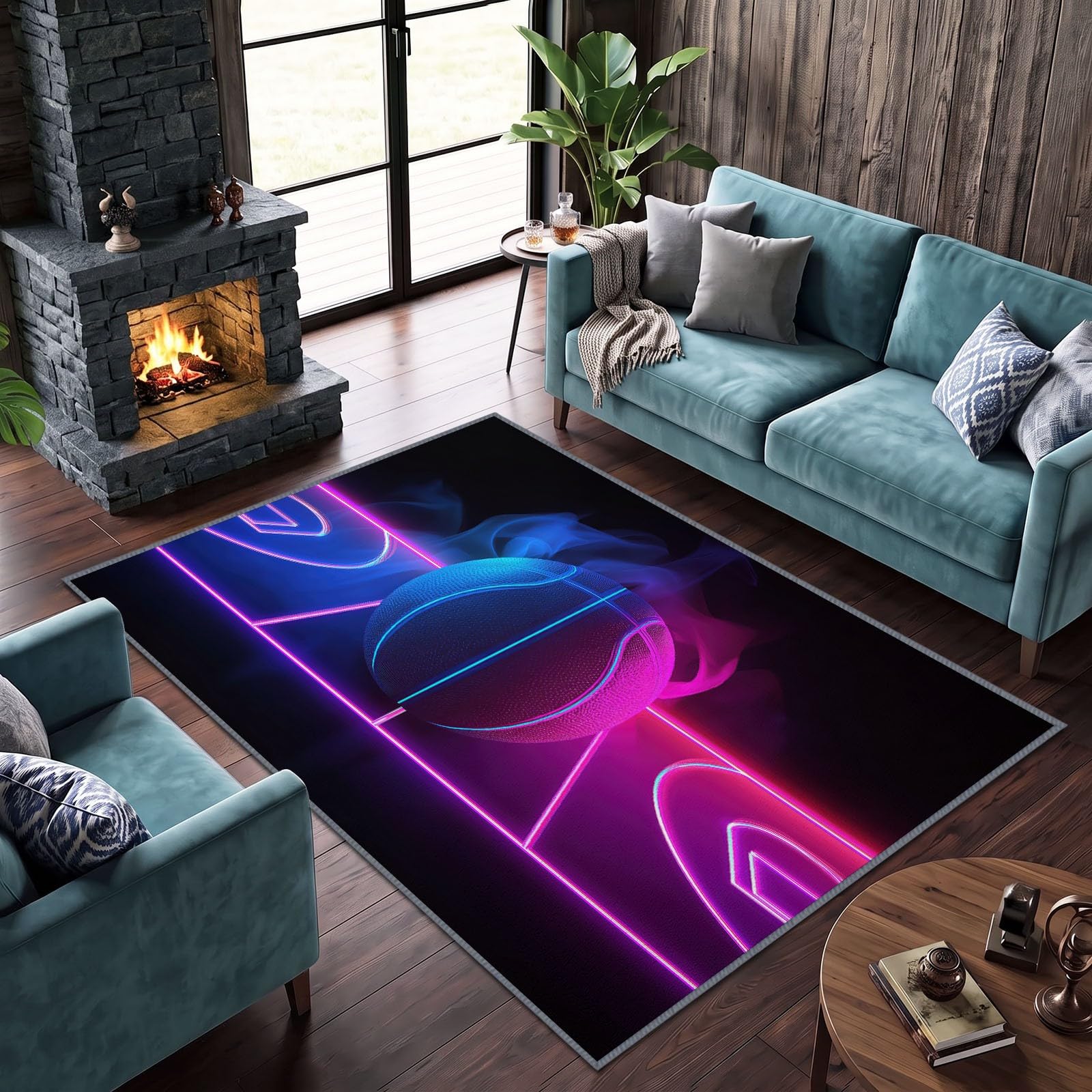 Vaporwave Alfombra de Baloncesto Neón, 160 x 230 cm, alfombra de cocina, antideslizante, lavable, para salón, comedor, entrada interior