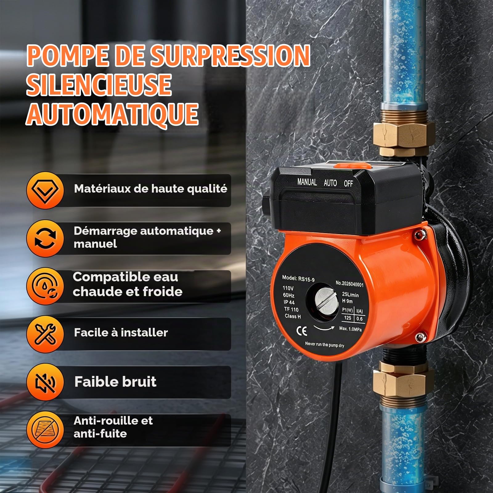 125W Pompe Surpresseur Automatique avec Modes Automatique et Manuel