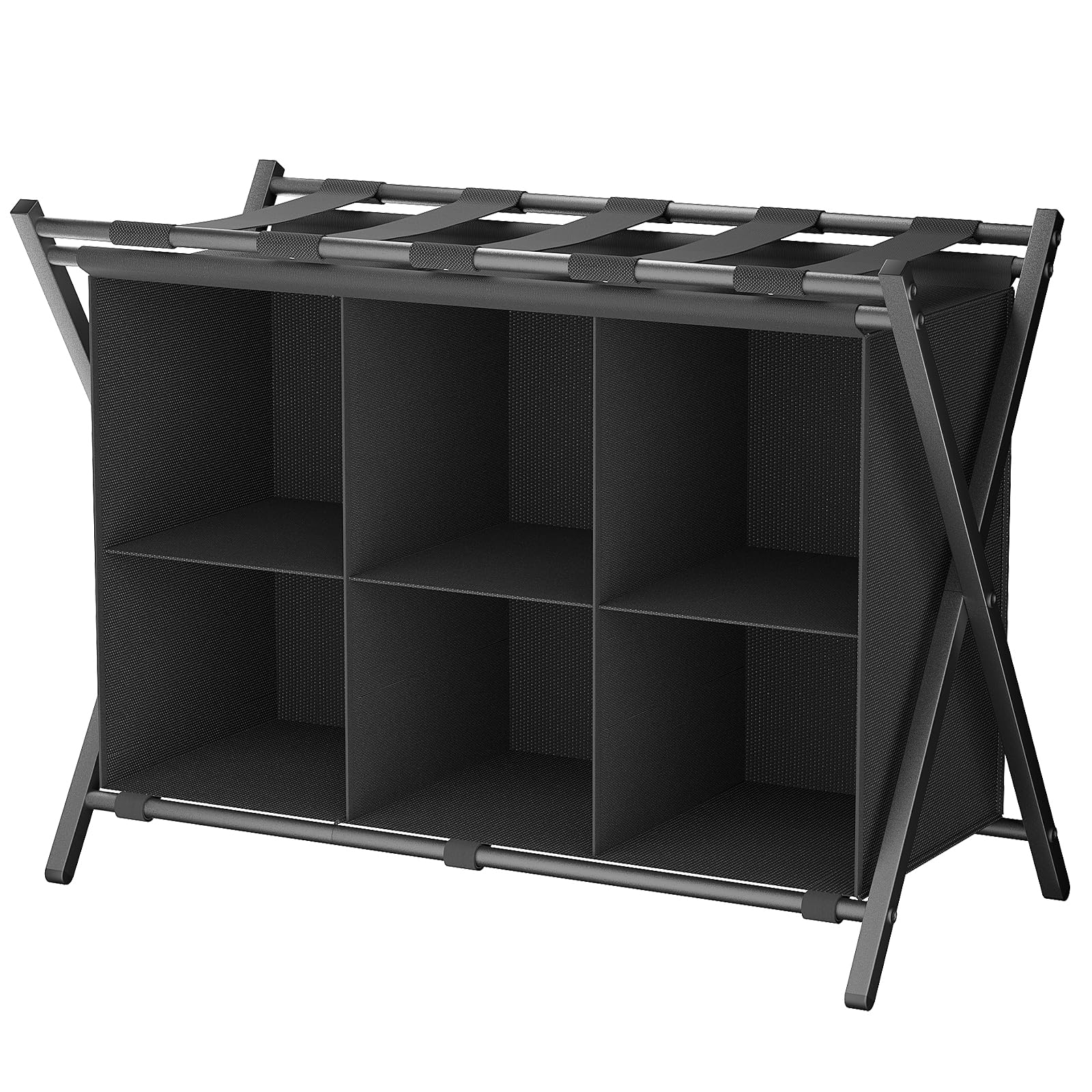 Portapacchi con contenitore, supporto pieghevole in metallo per valigie con 6 ripiani cubici in tessuto, portabagagli portatile, a 2 livelli, per camera da letto, casa, hotel, nero