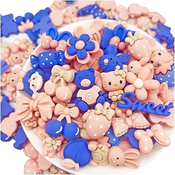 50 Pcs Flatback Cute Resin Slime Charms Bulk for Crafts, Flat Back Mixed Charms for Slime, Slime Charm Bulk for DIY Art Craft Making Kit Blue Pink