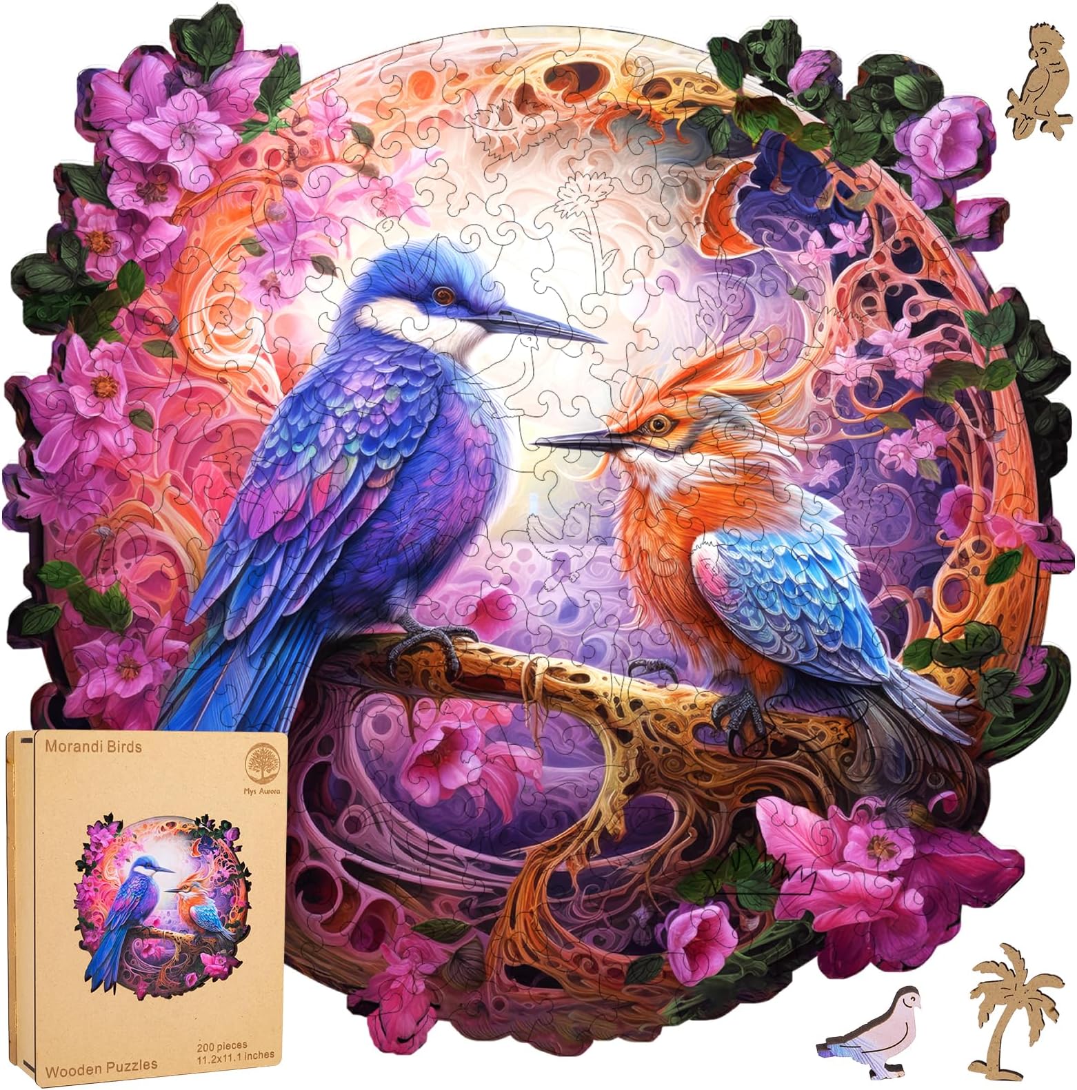 Mys Aurora Morandi Birds Wooden Jigsaw Puzzle for Adult and Kids 200 Pcs Unique Shape Multicolor Wood Storage Box Fun Challenge Brain Teaser Family Game Creative Gift for Friends Rompecabezas Madera