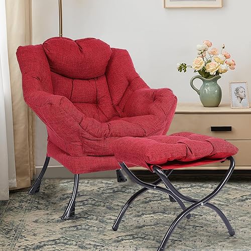 Miniatura 16 de Lazy Chair - Sofá individual tapizado con otomana, sillón reclinable moderno de tela de terciopelo, silla de salón contemporánea, silla individual