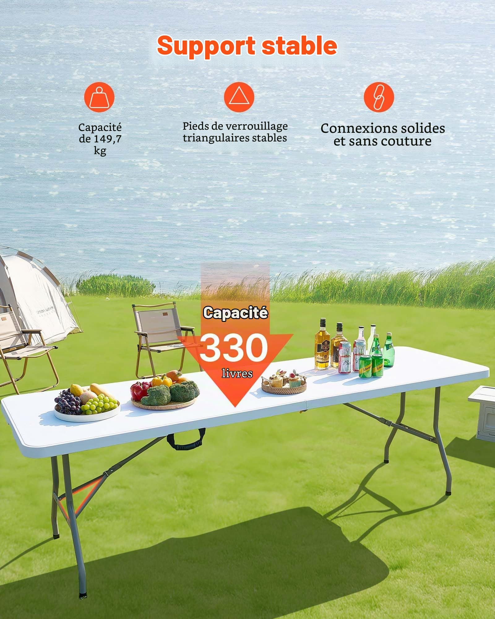 VEVOR Table Pliante Rectangulaire en Plastique, Table Utilitaire Portable de 244 cm, Solide et Stable, avec Poignée Intégrée, pour Soirée, Pique-Nique, Camping, Intérieur et Extérieur, Blanche