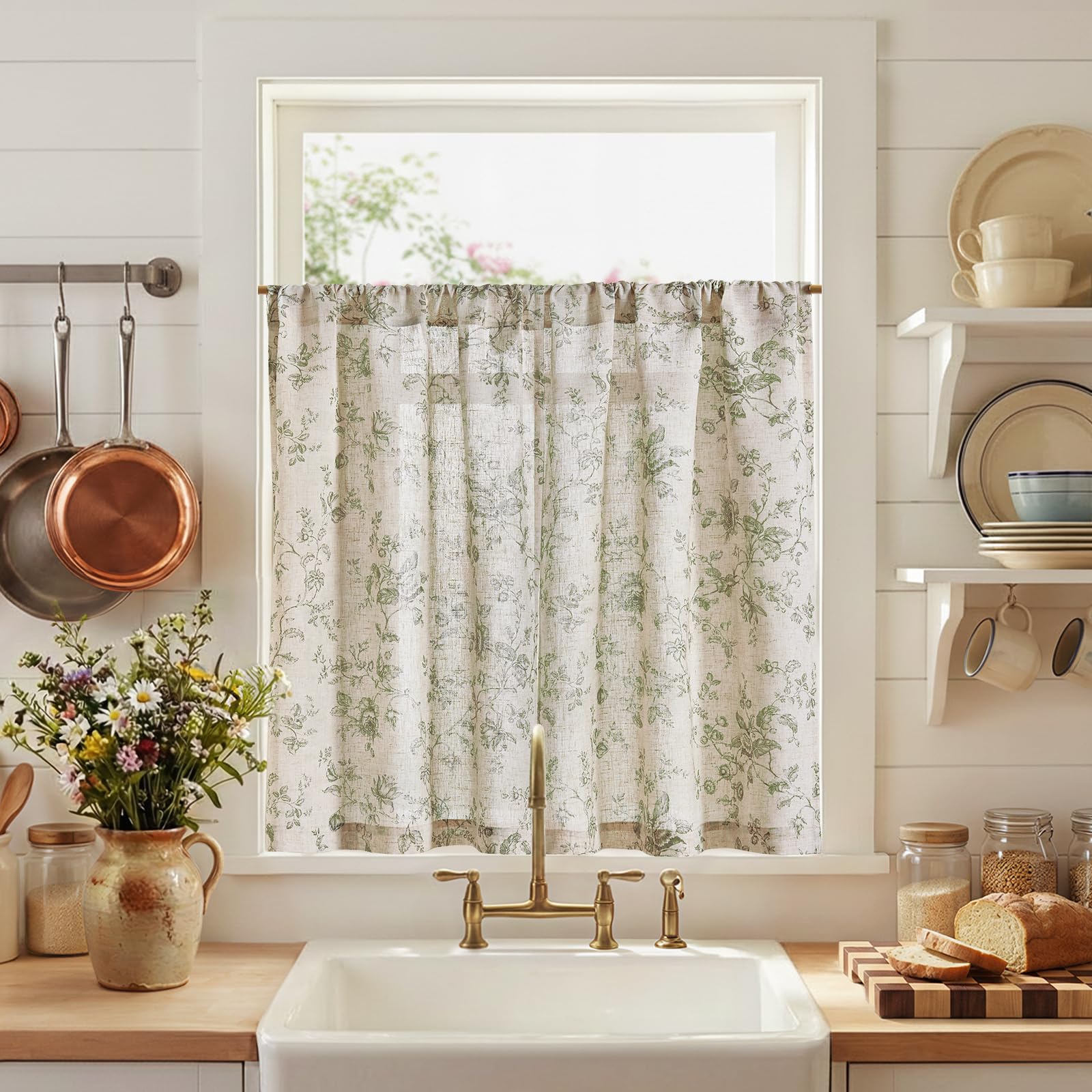 jinchan Floral Linen Kitchen Tier Curtains 36 Inch