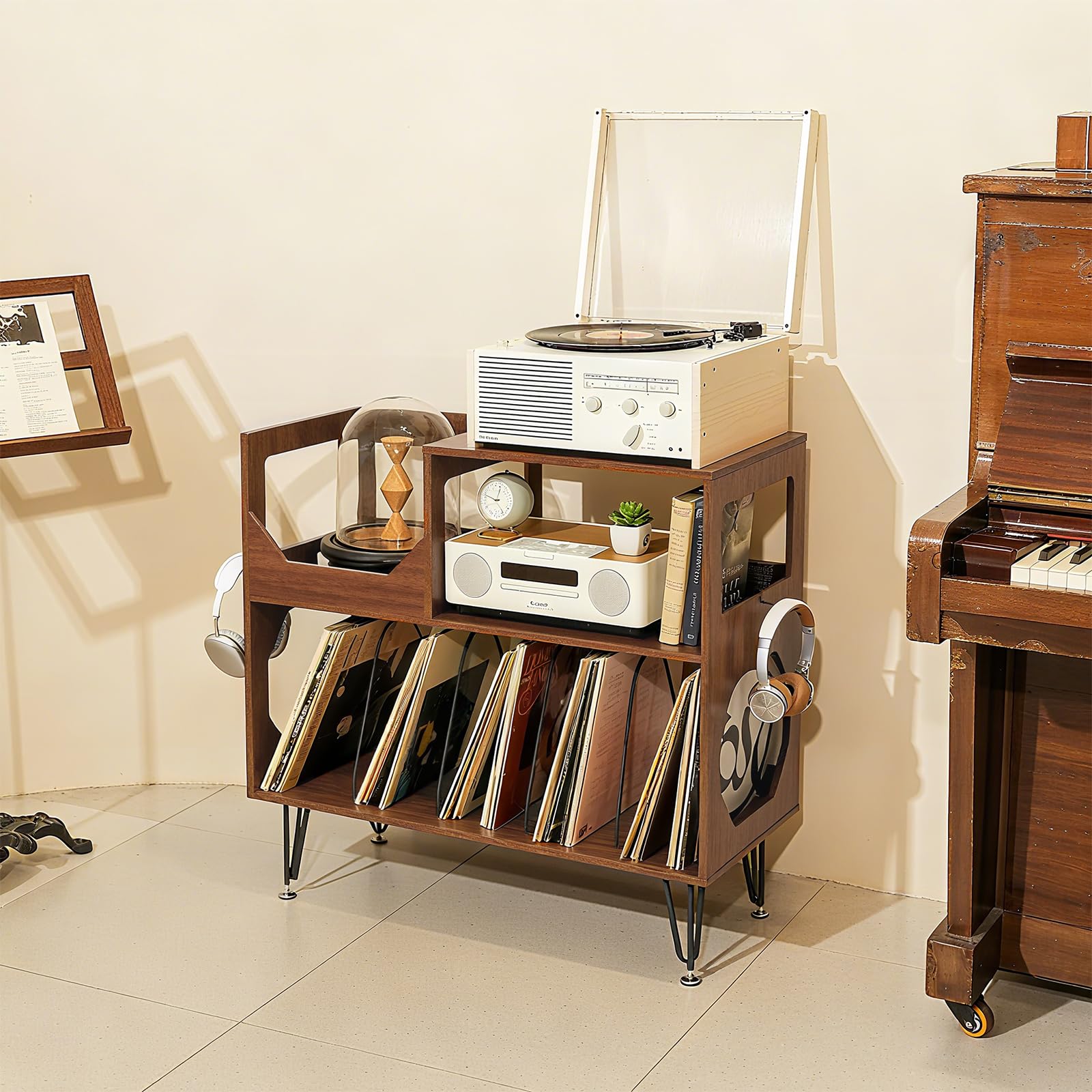 Großer Plattenständer mit Aufbewahrung,Plattenspieler-Ständer mit Ablage,Vinylplatten-Halterung mit Präsentationsfläche,Plattenständer für bis zu 370 Alben, Plattenregal für Musikzimmer und Wohnzimmer