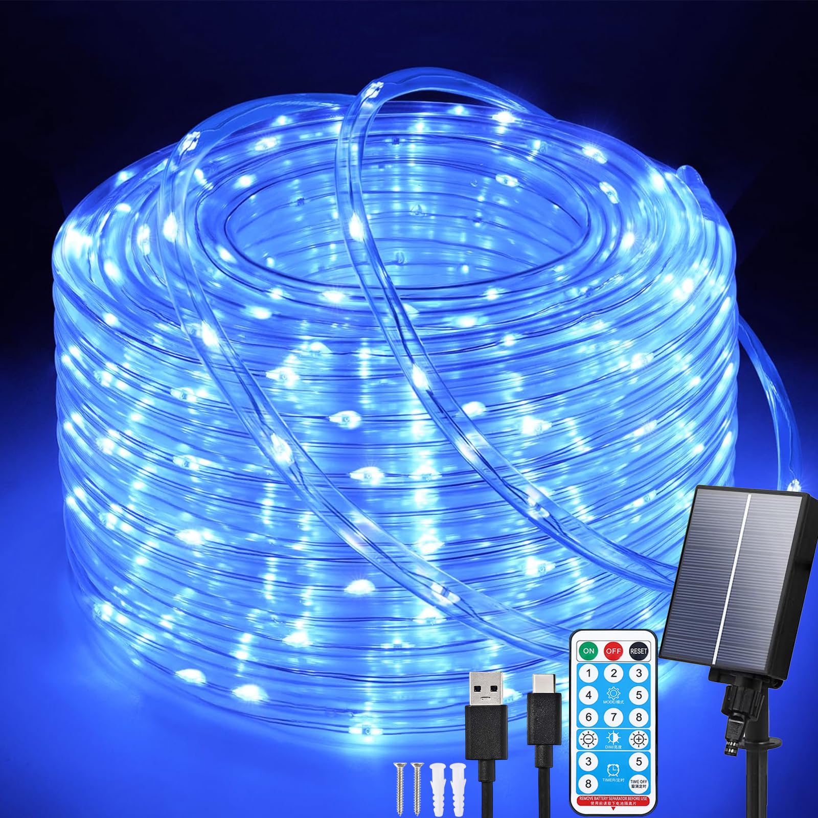 Aofonchy Solar LED Rope Lights Outdoor, 66Ft 200 LEDs Waterproof Tube String Lights with 8 Modes & Remote Control