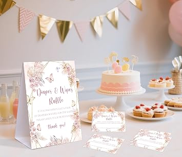 Boho Floral Themed Baby Shower Games, Diaper & Wipes Raffle, Pack of 1 Tabletop Sign and 50 Diaper Raffle Tickets, Butterfly Baby Shower Decorations, Gender Reveal Party Supplies