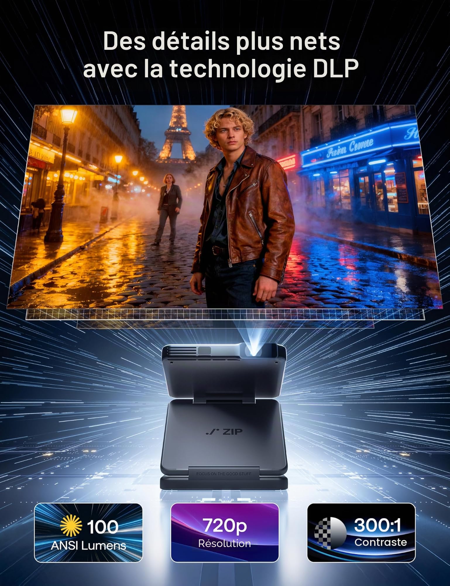 Aurzen Zip Tri-Fold Mini Vidéoprojecteur Portable avec Batterie, Gris