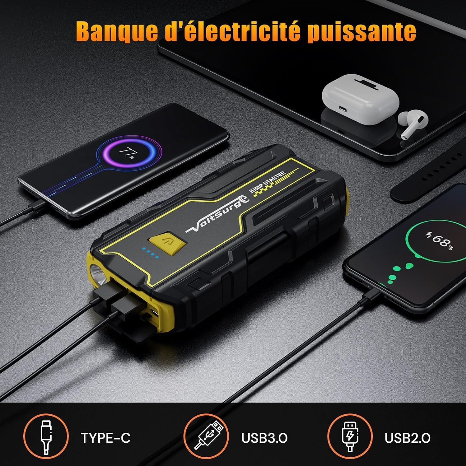 VoltSugre Booster Batterie Voiture 4000 Amp (7.0L+ Essence / 5.5L+ Diesel) Démarreur Portable Jump Starter Puissant pour Batterie au Lithium 12V (D01)