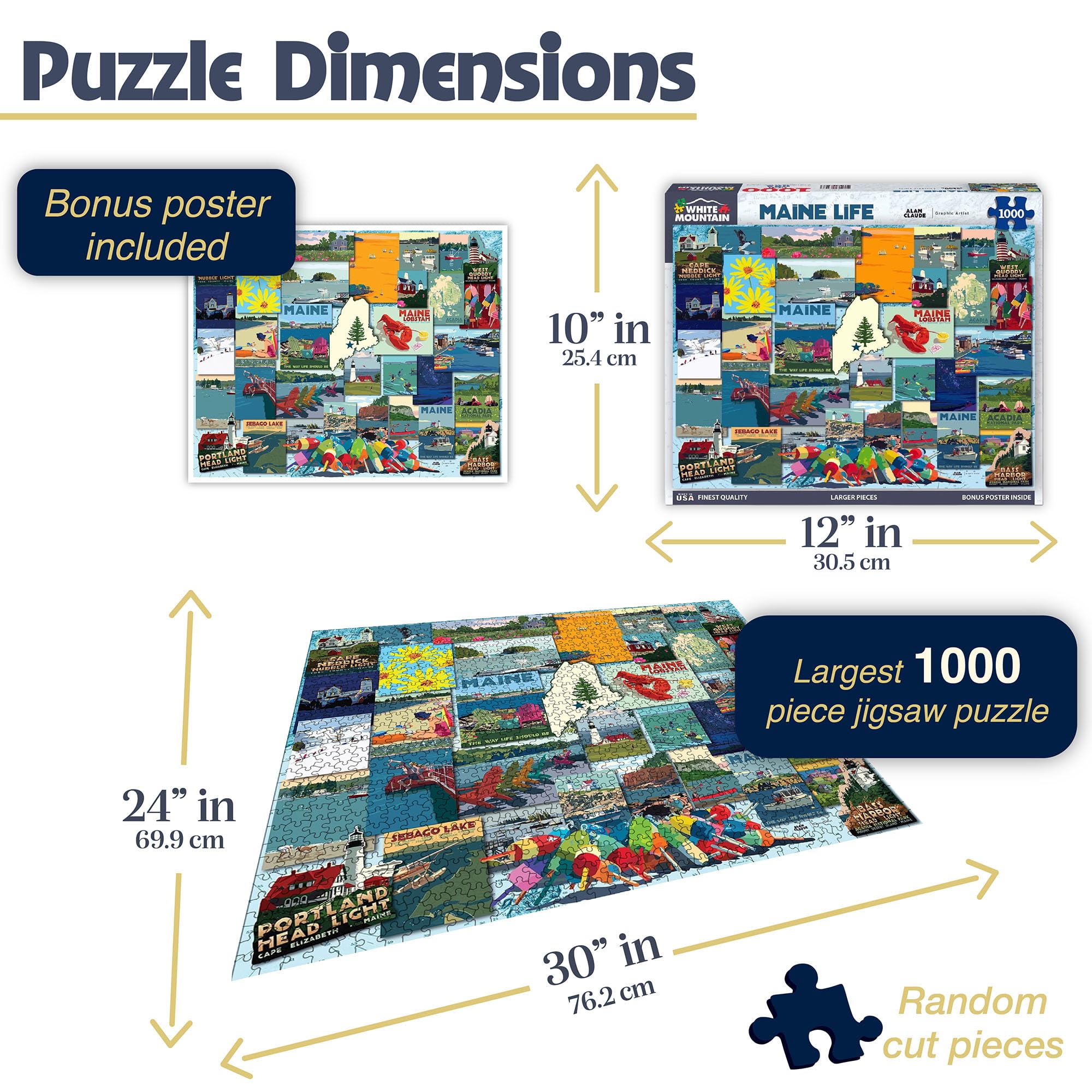 White Mountain Puzzle da 1000 pezzi, albero di pino, collage di stato, vita del Maine