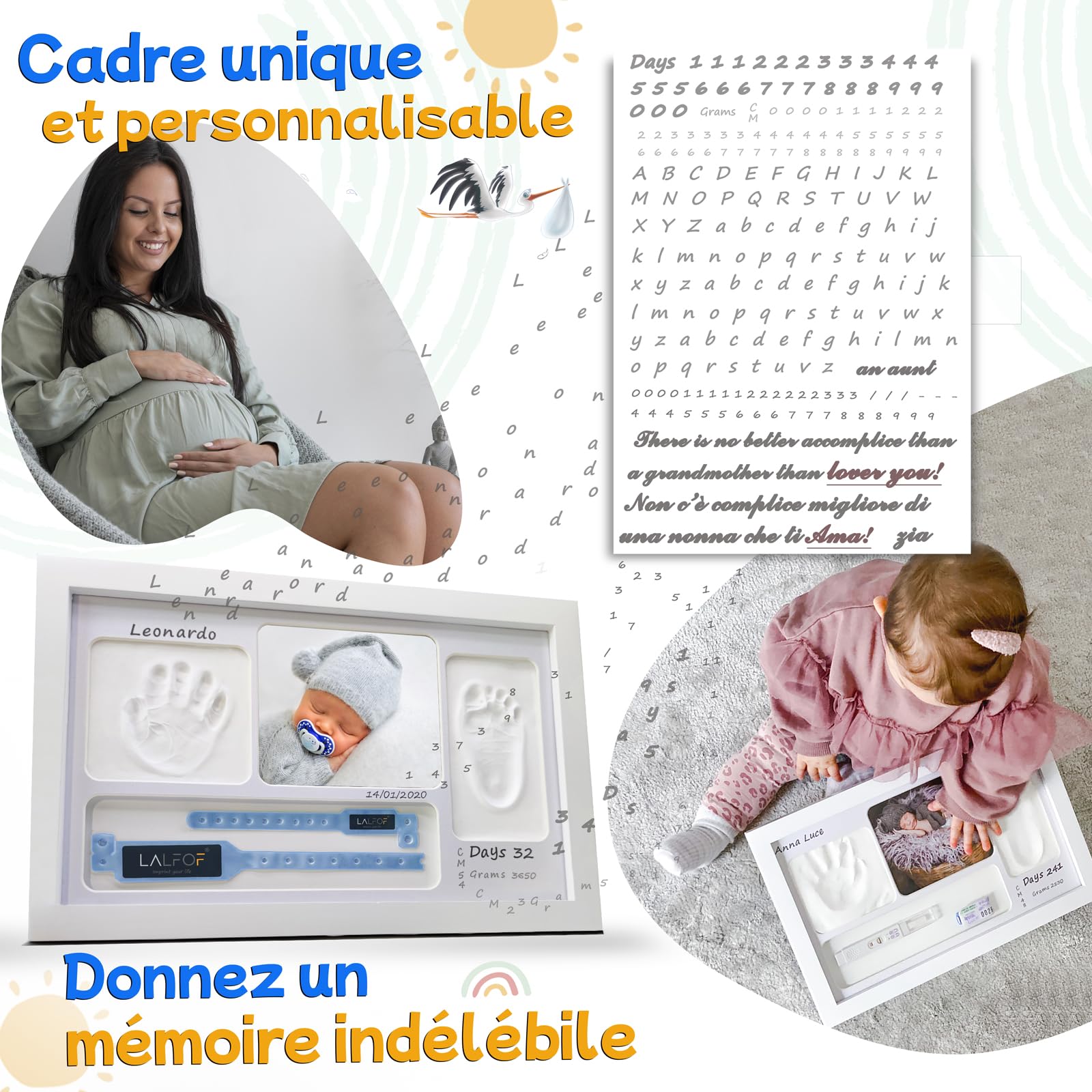 Lalfof® Cadre Empreinte Main Pied Bebe Personnalisable Avec NOM. Kit empreinte bebe. Idéal Comme Cadeau naissance garcon,Cadeau bebe naissance,Cadre empreinte bébé avec porte-bracelet de naissance