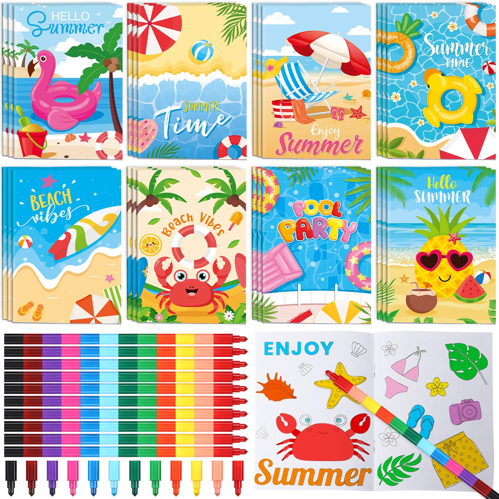 Funrous 24 Set Summer Beach Coloring Books with Crayons Beach Flamingo Pineapple Party Favors Mini Art Drawing Book Bulk for Summer Pool Hawaiian Birthday Supplies Goodie Bags Gift Classroom Activity