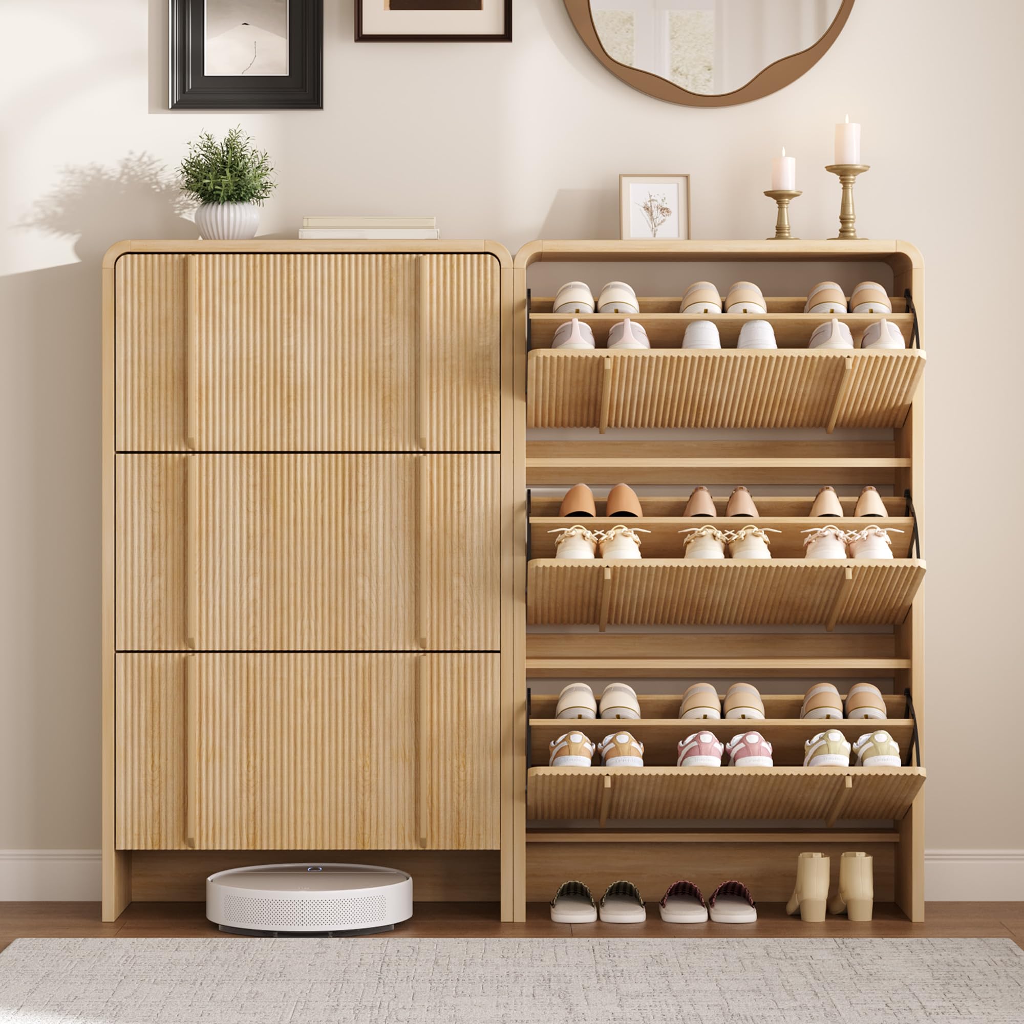LUXOAK 120 cm Schuhschrank, 3 Klappen, verstellbare Fächer, Sonoma-Eiche | 18-21 Paar Schuhe, Fluted-Oberfläche, Kippsicherung, 25 cm Slim-Design, Schnelle Montage