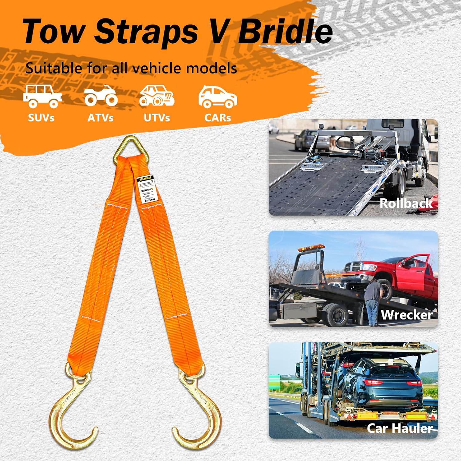 Tow Straps V Bridle, 3" x 24" Recovery V-Strap with 8" Short J Hooks, 5400LBS Recovery Bridle, Towing Strap with Hook, Recovery Tow Car Strap Hook for Wrecker, Rollback, Car Hauler