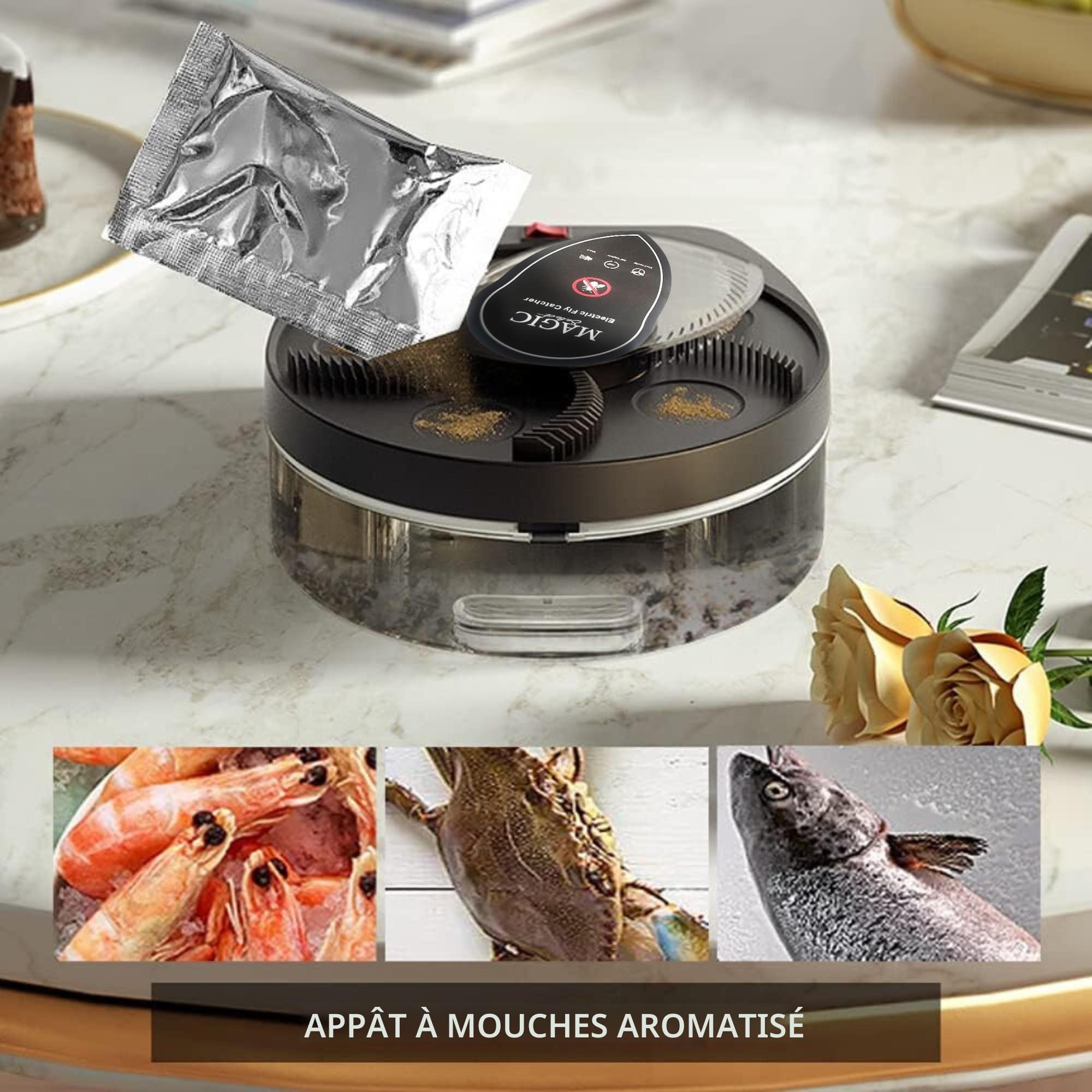 MAGIC SELECT Attrape Mouches Électrique Rotatif à 360°. Piège à Mouches avec Prise USB et Support Mural pour Maison, Cuisine, Restaurant, Hôtel, Bar.
