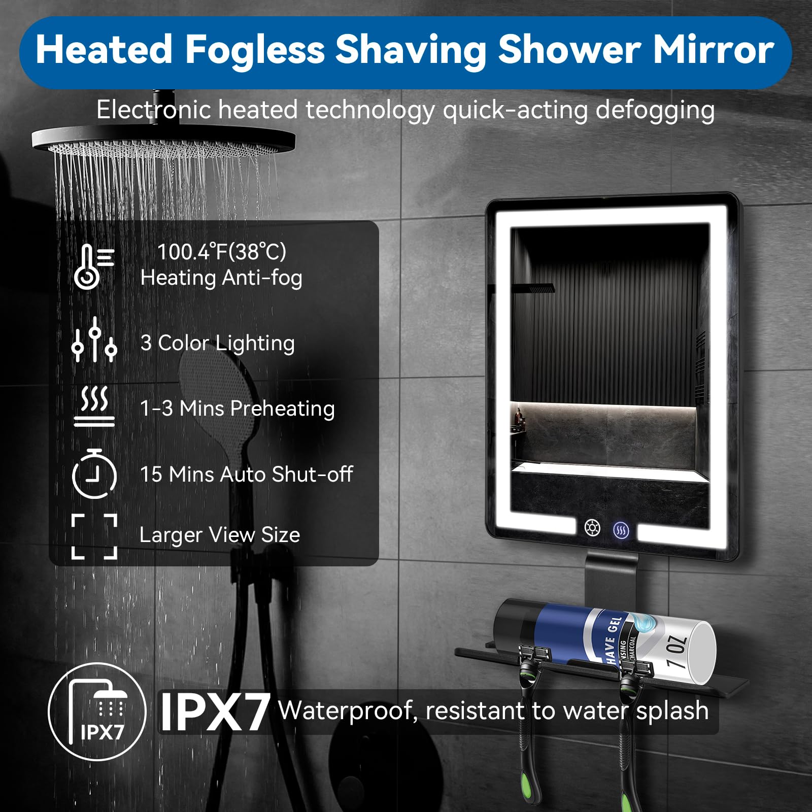 Miroir de douche chauffant sans buée pour rasage avec lumière, batterie rechargeable, sans perçage, miroir étanche anti-buée avec support de rasoir et crochet adhésif amovible pour homme, cadeau de