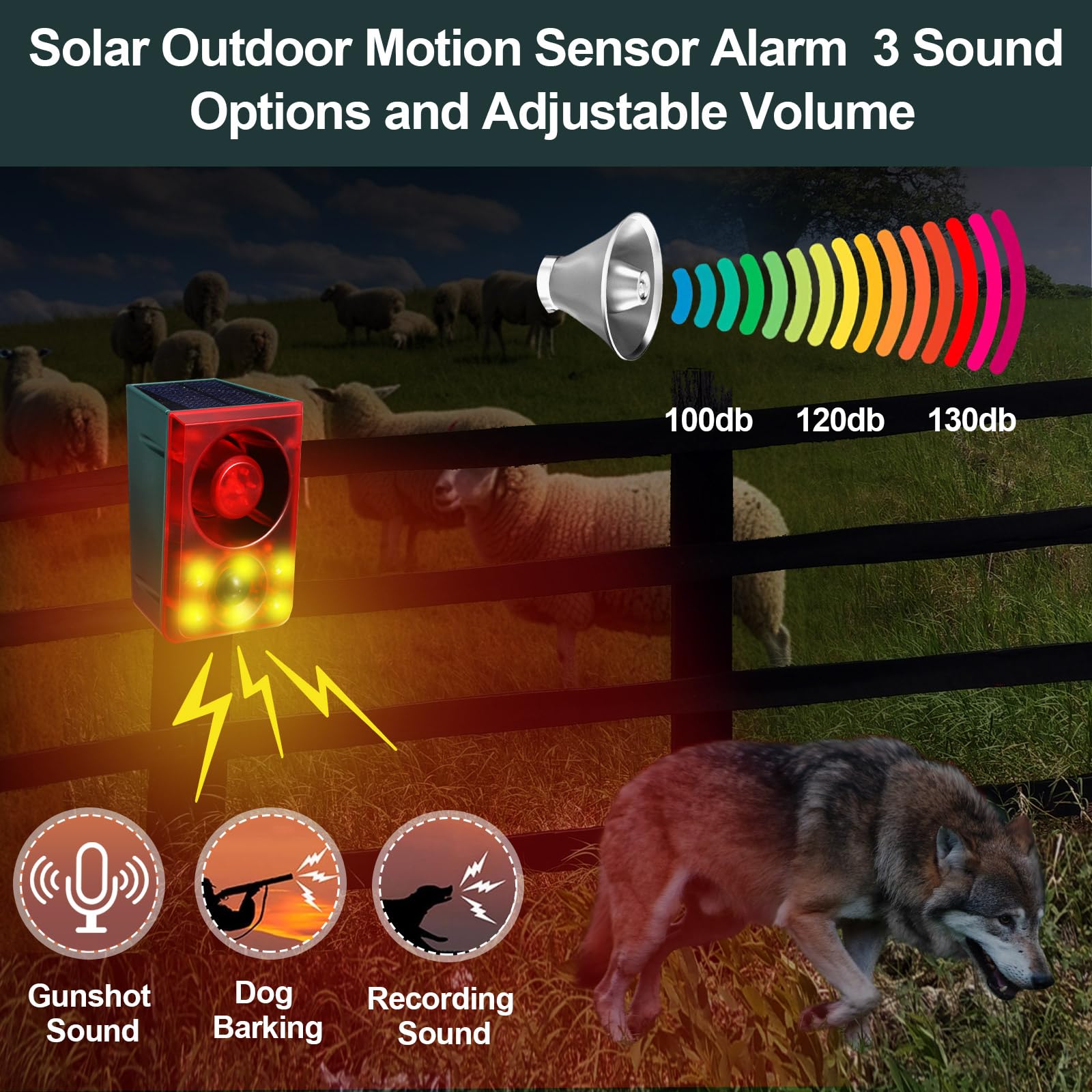 Qualirey 2 sensores de movimiento solares para exteriores, alarma, disuasorio de animales, sonido de disparo, ladridos de perro, 130 dB, 3 modos con control remoto USB, grabación de soporte y ajuste