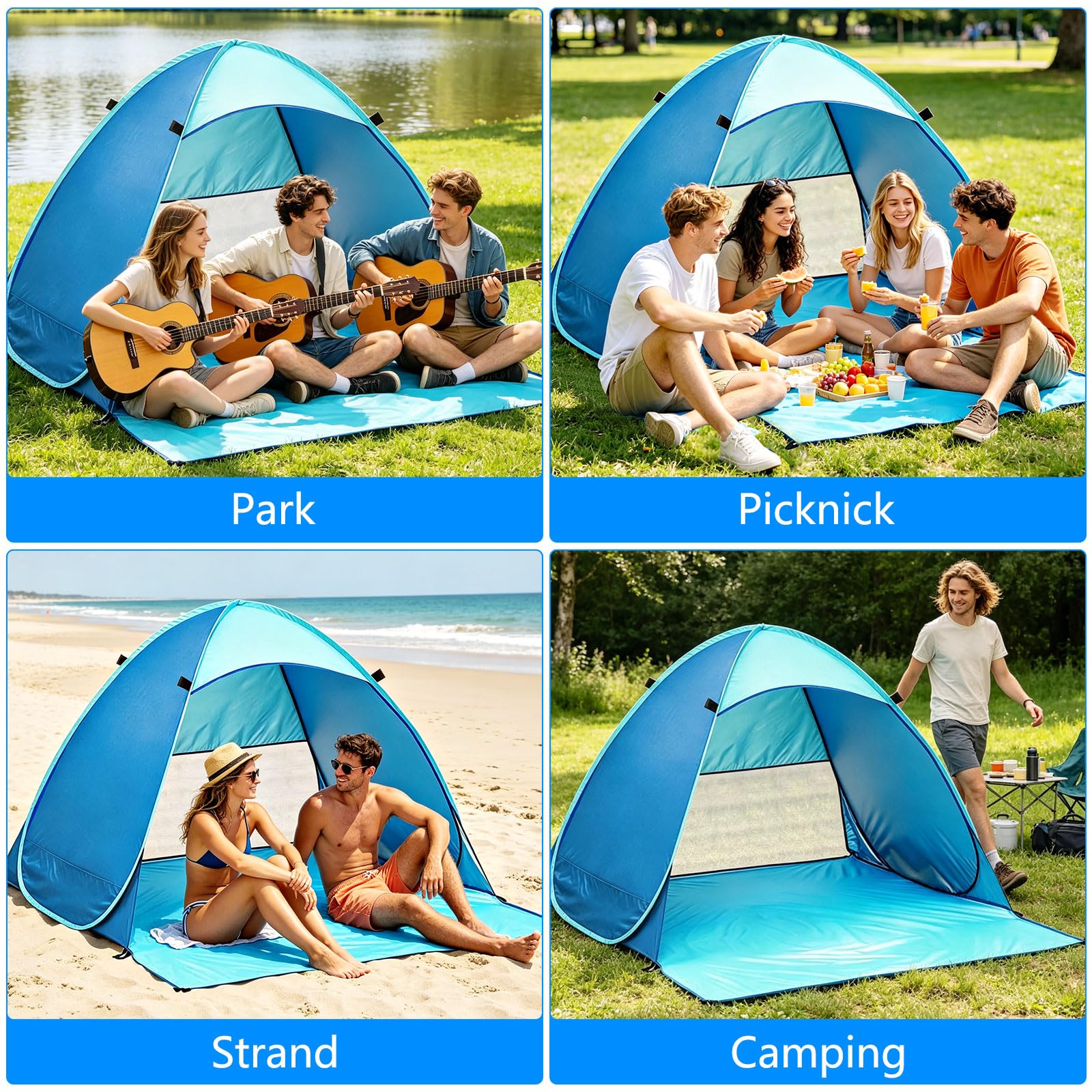 Tenda da Spiaggia Pop Up, Protezione Solare UPF 50+ Dai Raggi UV, Antivento, per 1-3 Persone, Include Custodia per il Trasporto e Picchetti, per Campeggio in Famiglia, Giardini e Spiagge (Blu)