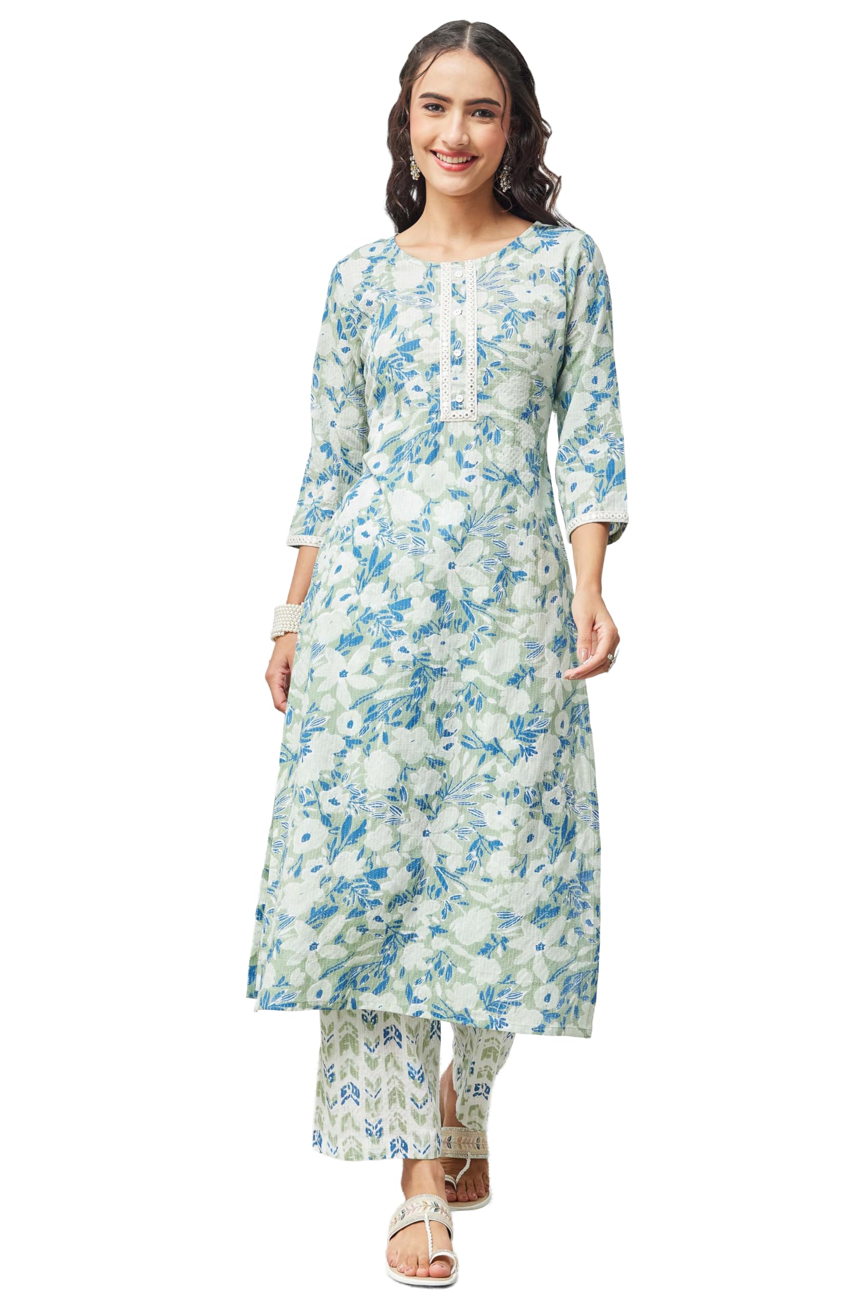 janasya Women's Sage Green Pure Cotton Yoke Embellished Floral Printed Straight Kurta With Pant Set-picture-24