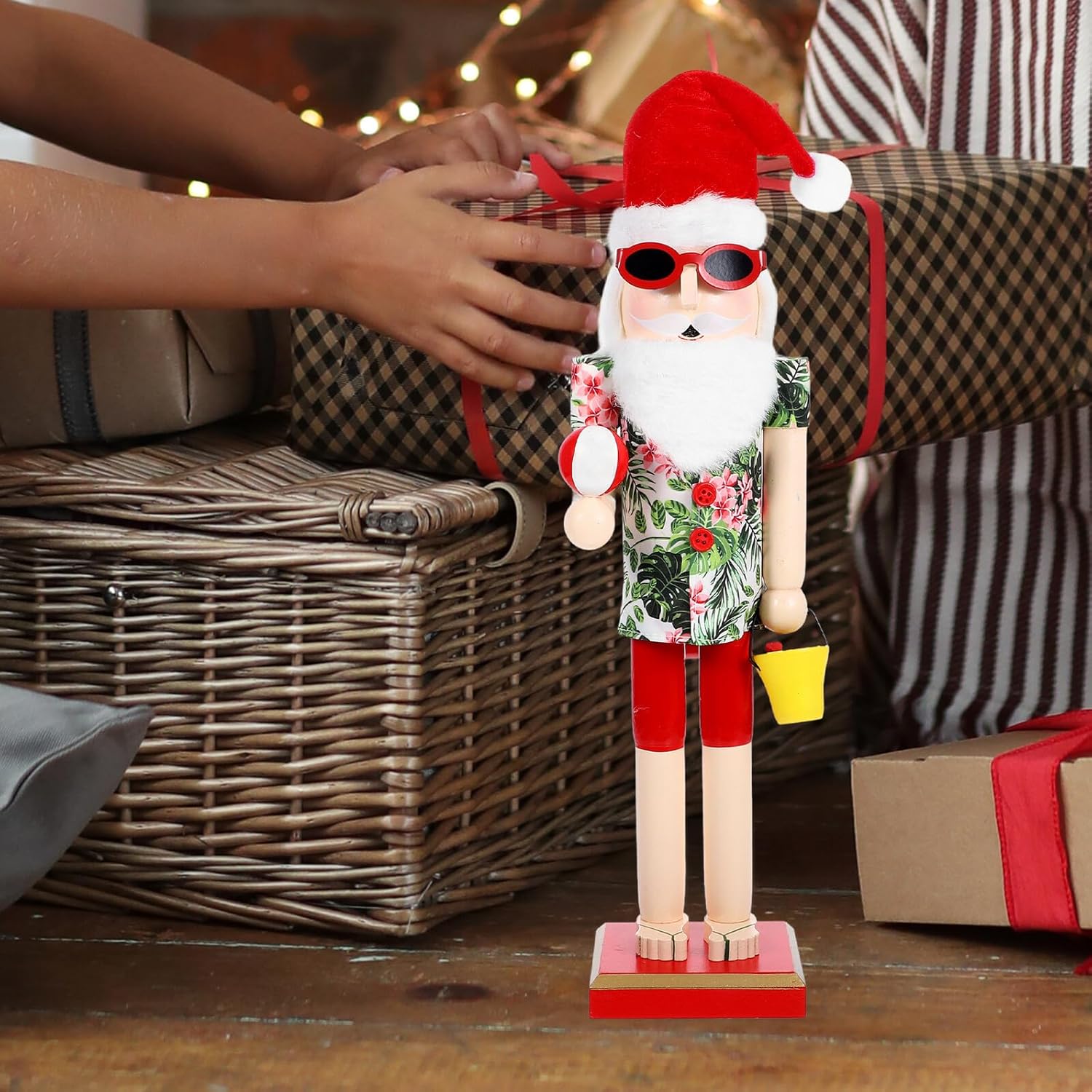 Wooden Christmas Nutcracker Figurine Beach Surfing Theme Small Desktop Decor Holiday Seasonal Decoration for Home and Office