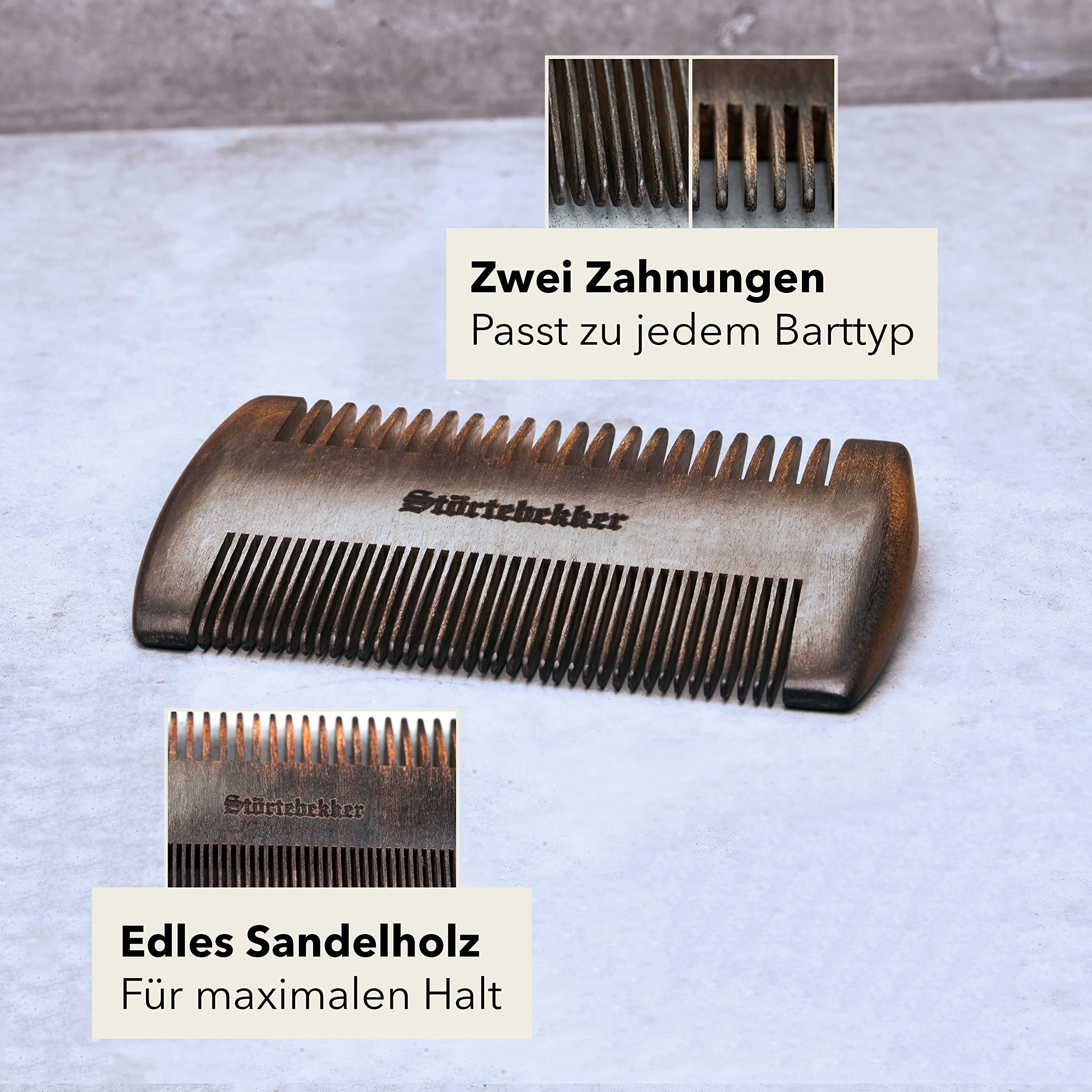 Störtebekker® Premium Bartkamm aus Holz mit handgefertigtem Lederetui - Perfekte Geschenkidee - Bringt jeden Bart in Form dank beidseitiger Verzahnung - inkl. Rasur- und Bartguide