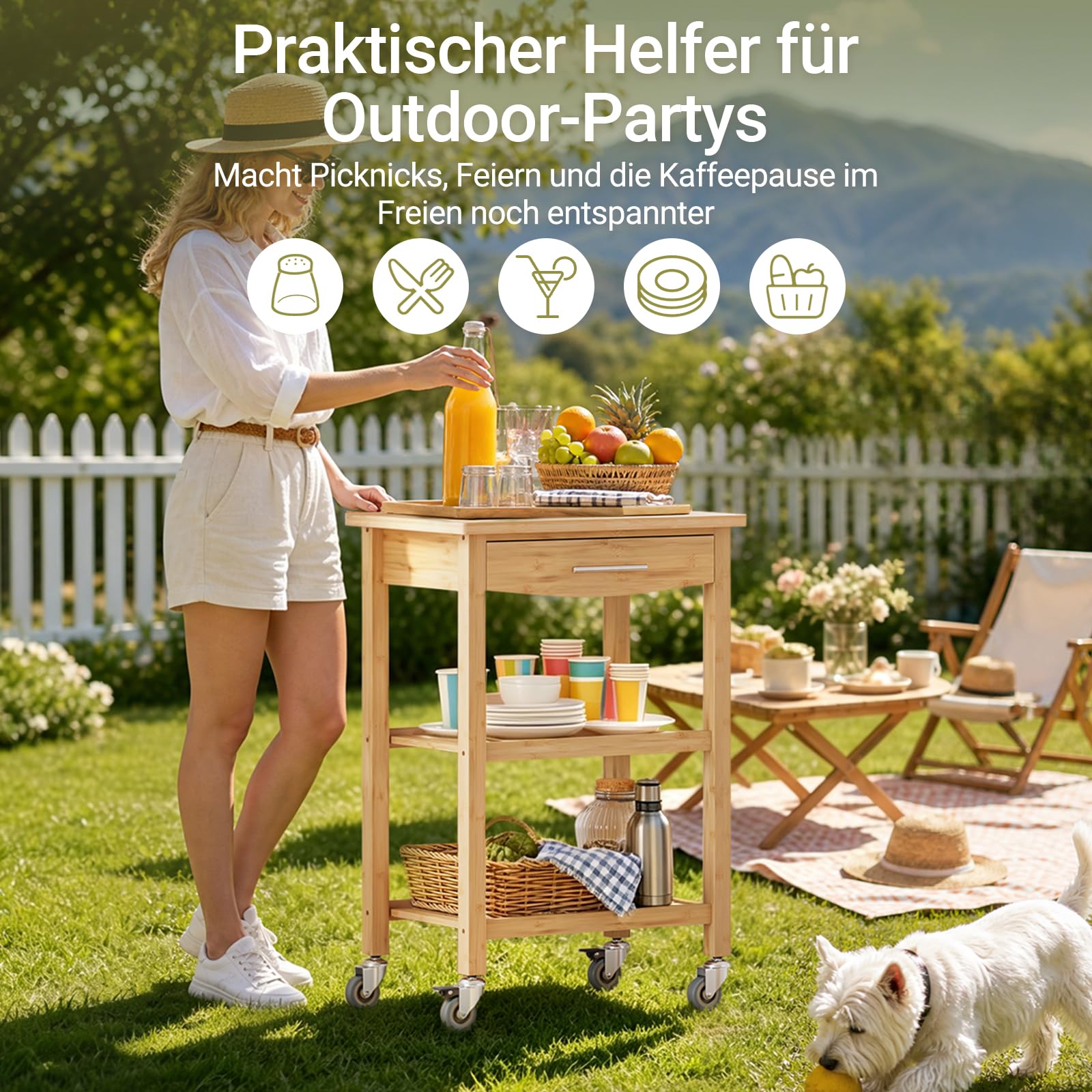 SoBuy Küchenwagen aus karbonisiertem Bambus Küchenwagen Holz Servierwagen mit Rollen – antibakteriell, feuchtigkeitsbeständig, geruchsneutral, ideal für Küche, Esszimmer & Outdoor 58×86×40cm FKW135-N