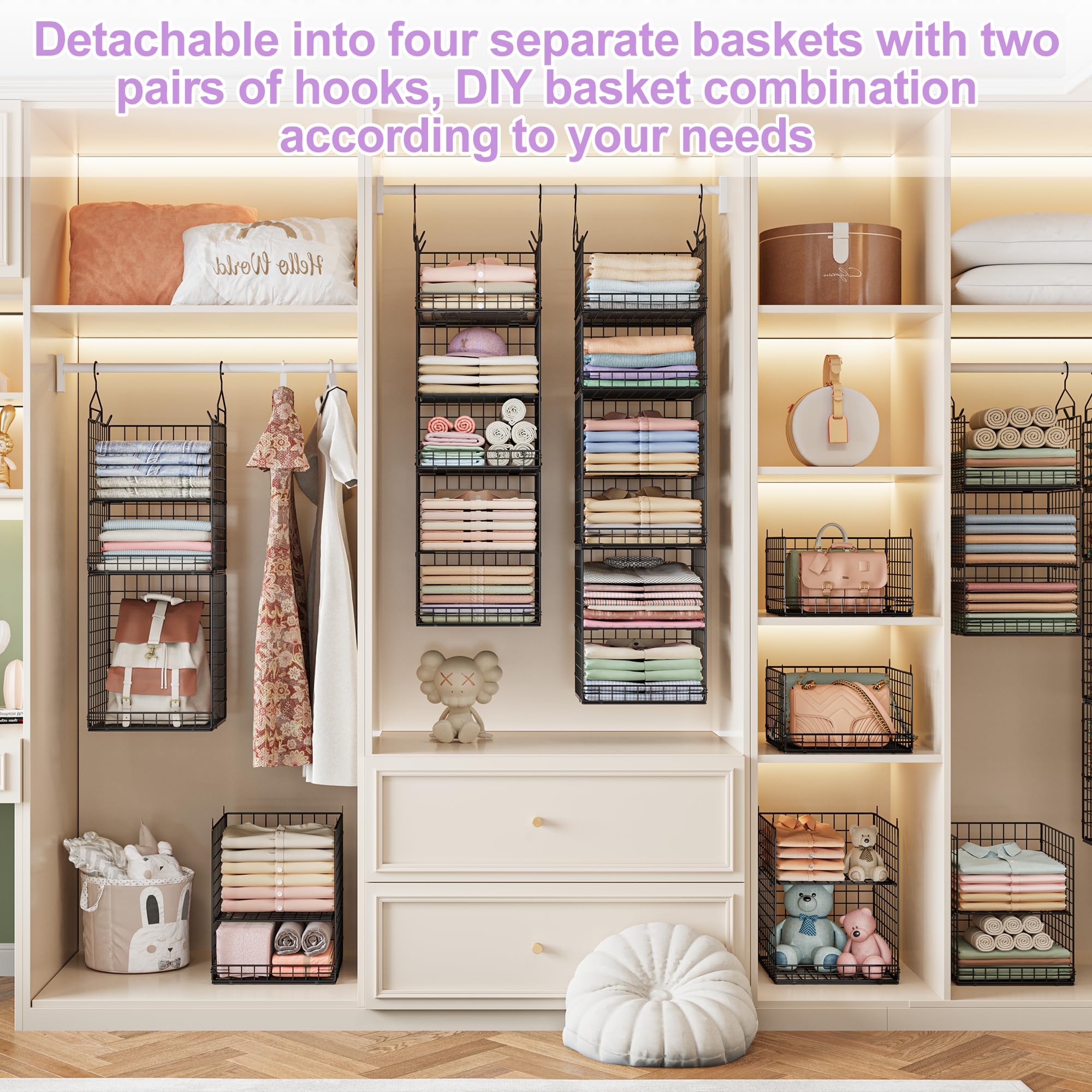 6 Tier Hanging Closet Organizers and Storage Stackable Hanging Closet Shelves with 4 Hooks 2 Adjustable Dividers, Wire Storage Basket Bins for Clothing Purse Sweaters Shoes Socks Dolls, Foldable: 5-Tier Black