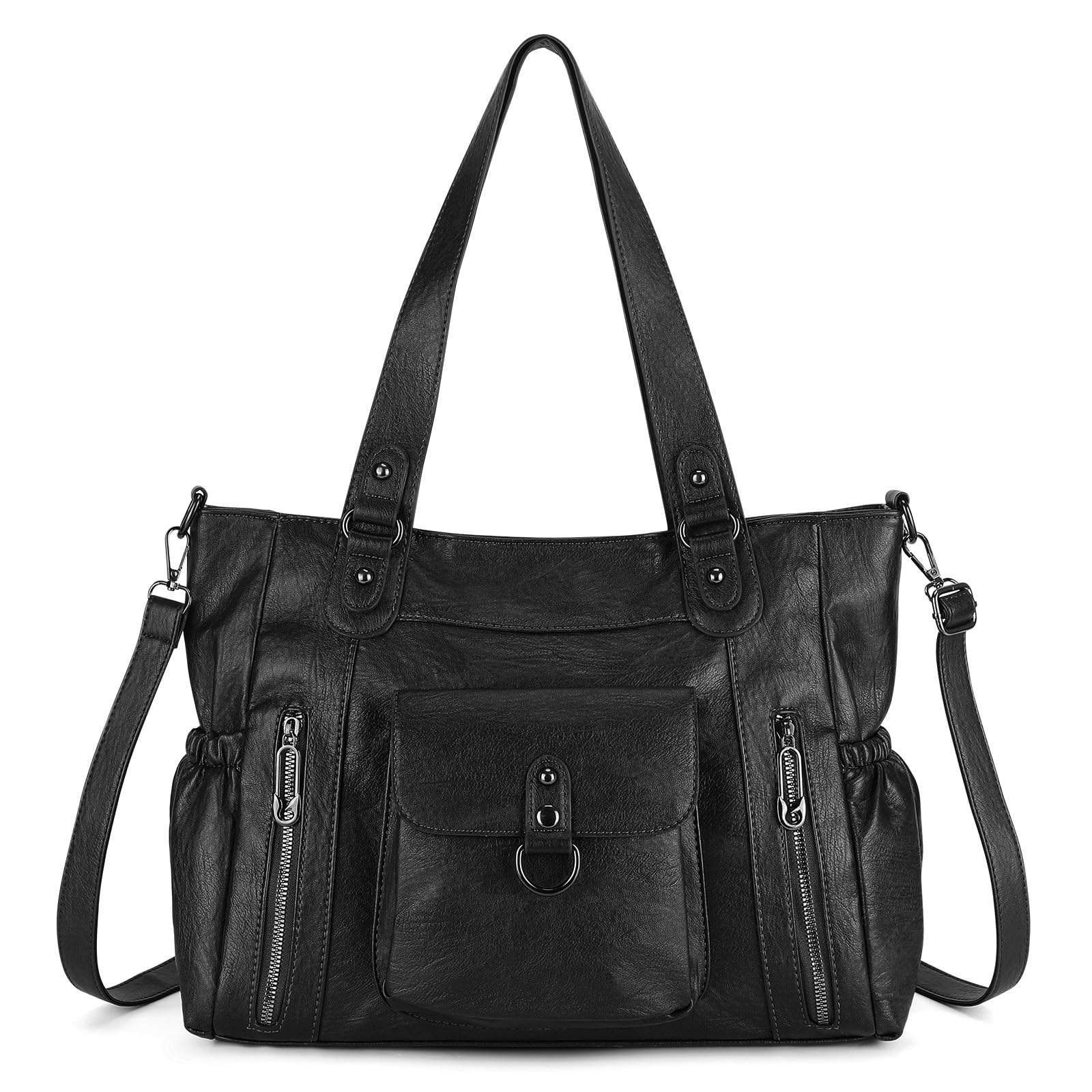 BAIGIO Grand Sac a Main Femme Cuir PU Vintage, Cabas Femme avec Multipoches, Sac Bandoulière Fourre Tout Femmes, Sacs Portés Épaule Tendance pour Cours Lycee, Shopping, Travail, Voyage, Noir