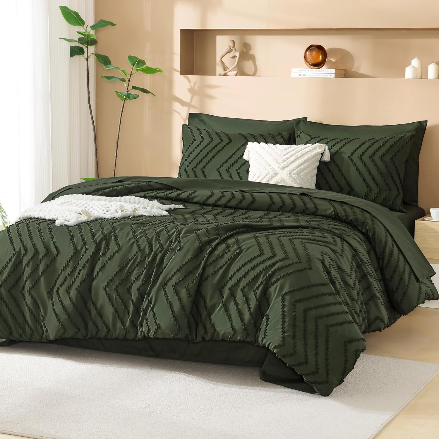Litanika King Size Comforter Set with Sheets Dark Olive Green - 7 Pieces Bed in a Bag King Chevron Tufted Complete Bedding Sets with Comforter, Sheets, Pillowcases & Shams