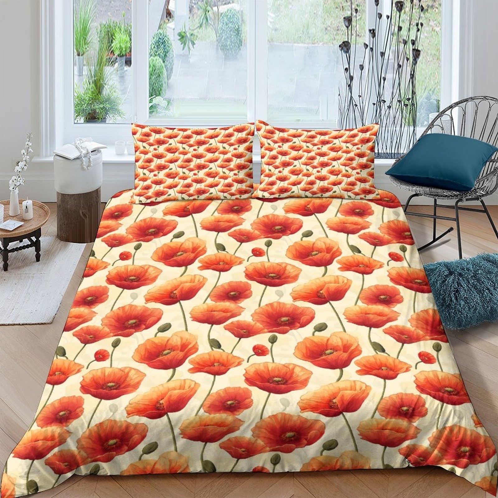 Ctjqhvkz Style-7 3D Printed Poppy Flower Fitted Sheet Microfiber Soft Orange Meadow Mattress Cover For Bedroom Guest Room Decor Single（135X200cm）