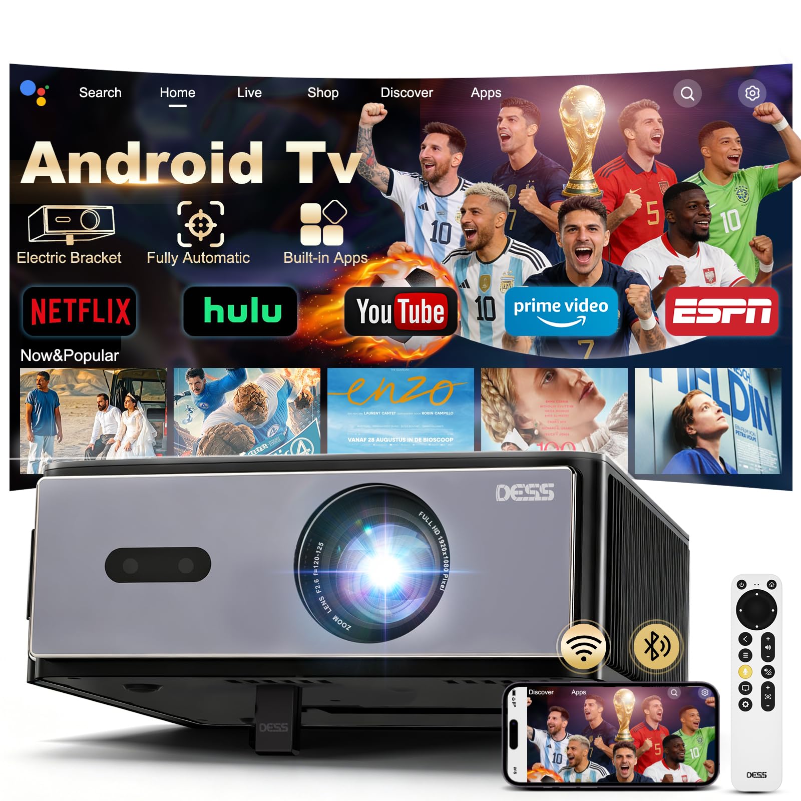 Proiettore 4K intelligente, 1080P nativo Full HD per esterni (giardino/camera da letto), 1200 ANSI, tiro corto, messa a fuoco automatica, correzione Keystone, audio HiFi, WiFi 6, app integrate