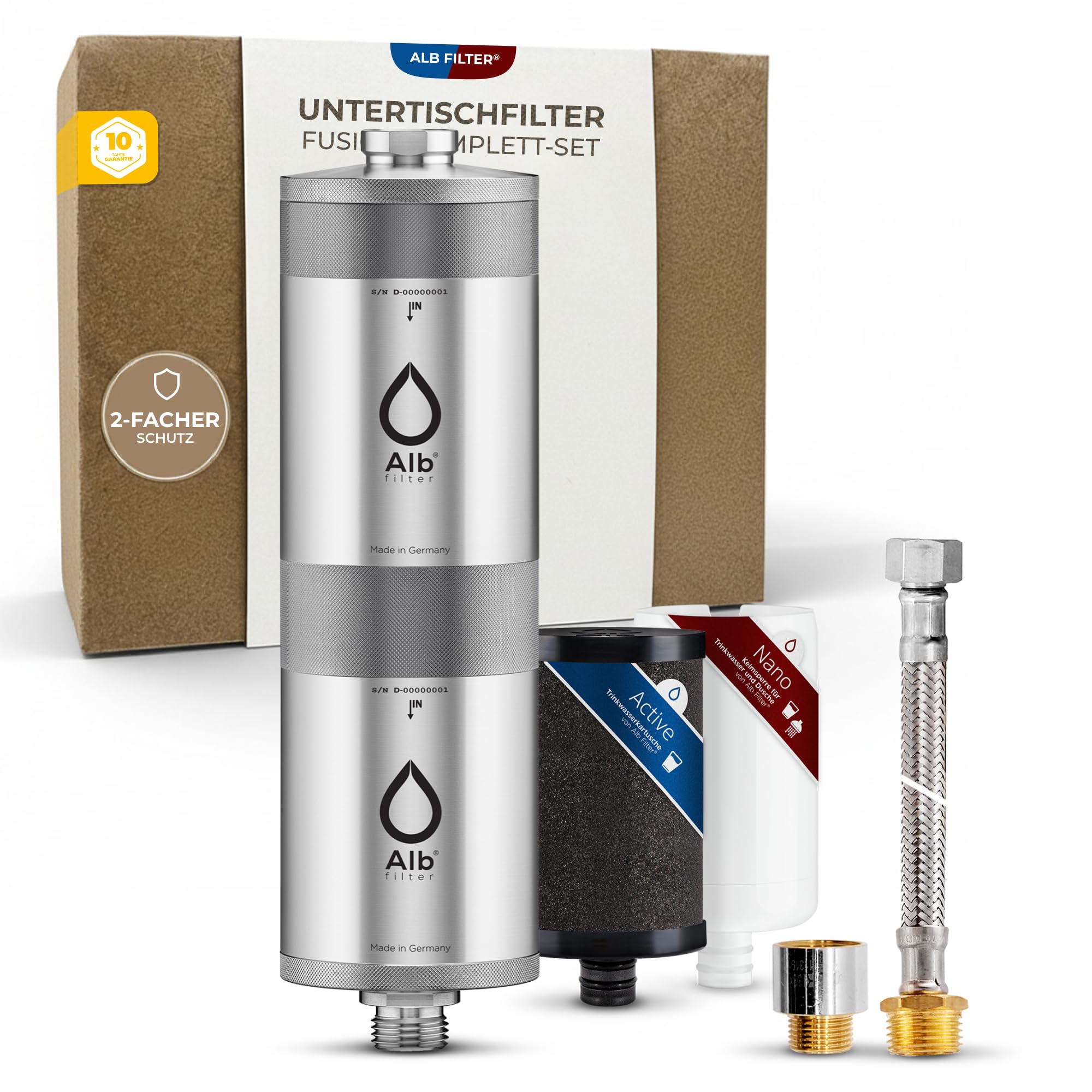 Alb Filter® FUSION Active+Nano Trinkwasserfilter gegen Schadstoffe und Keime | Untertisch | Made in Germany I Mit Protect Vorfilter (Edelstahl mit Protect)
