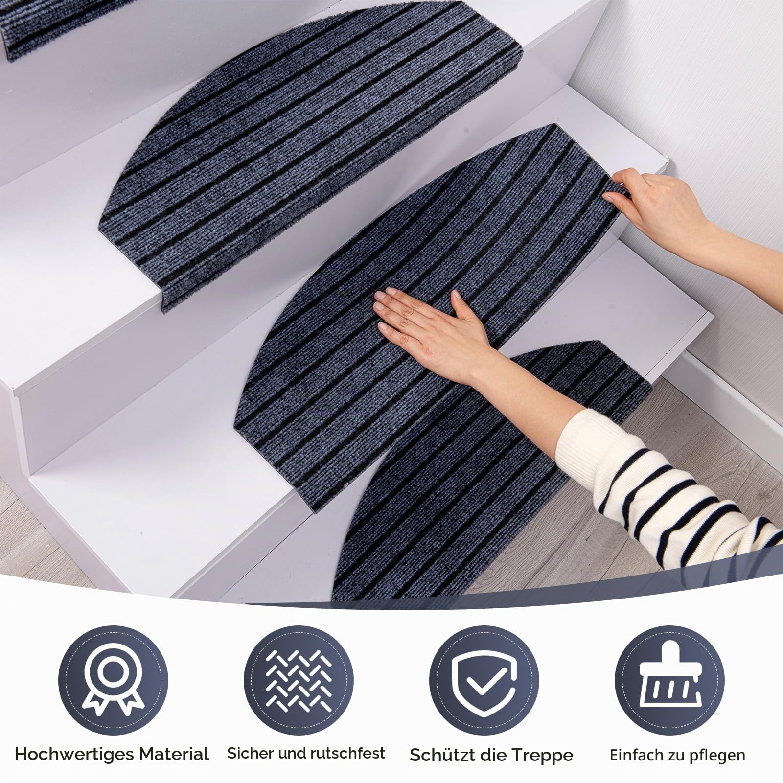 Treppenstufen Matten, 15 Stück Halbrund Rutschschutz Stufenmatten, Treppenmatte Treppenschoner Treppenschutz Selbstklebend, für Holzstufen, Sauberen, Glatten Treppen, 24 x 60 cm (Dunkelgrau)