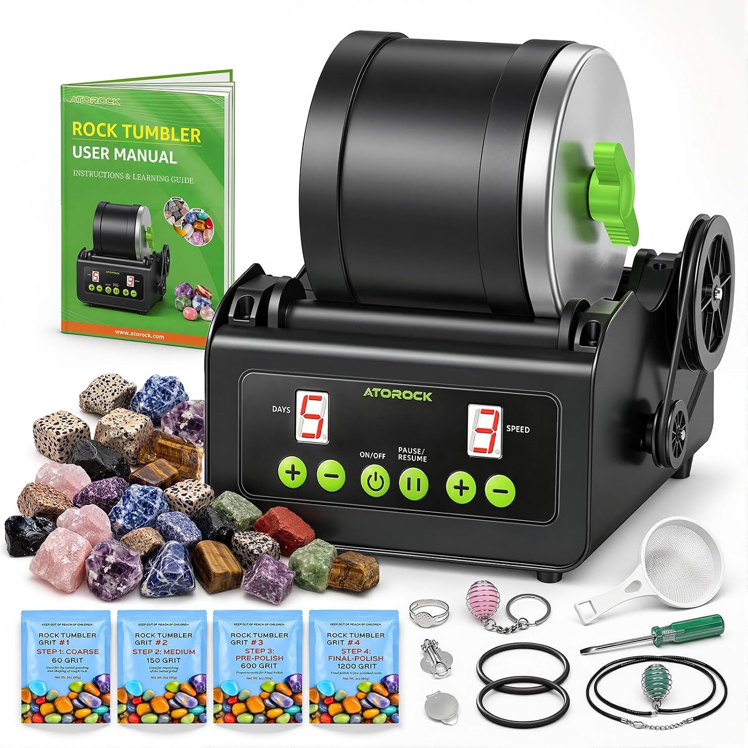 A4 Rock Tumbler Kit, Beginner Rotary Rock Tumbler for Adults & Hobbyists, Compact Stone Polisher with Durable Metal Base, Rubber Barrel, Adjustable Speed & 9-Day Timer, Complete Gem Polishing Kit