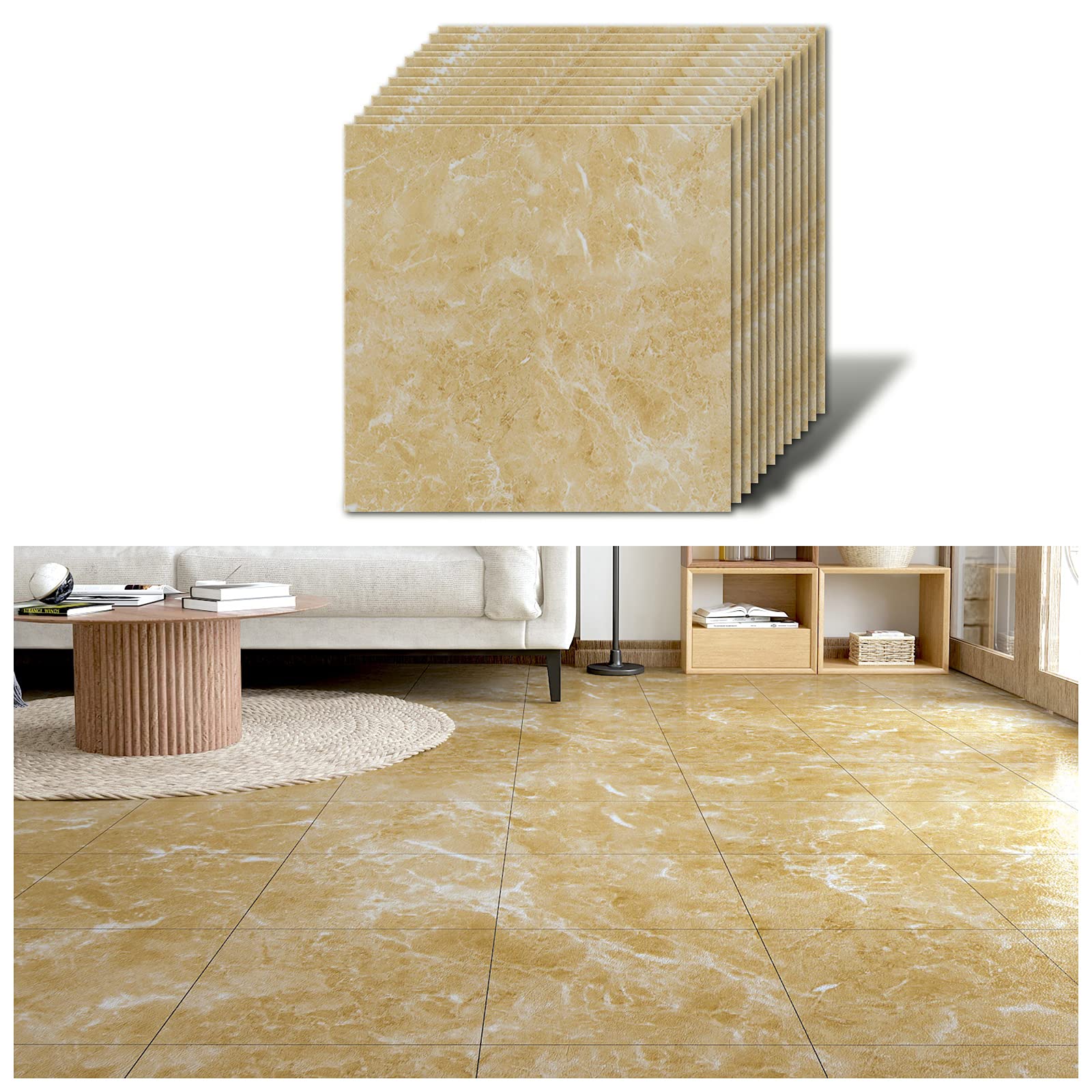 VEELIKE PVC Flooring Marble Yellow Vinyl Flooring Self-Adhesive Floor Tiles Gold Marble Vinyl Tiles Adhesive Tiles Bathroom Floor PVC Tiles Garage Bathroom Tile Stickers Floor 1.5 mm 30 cm x 30 cm