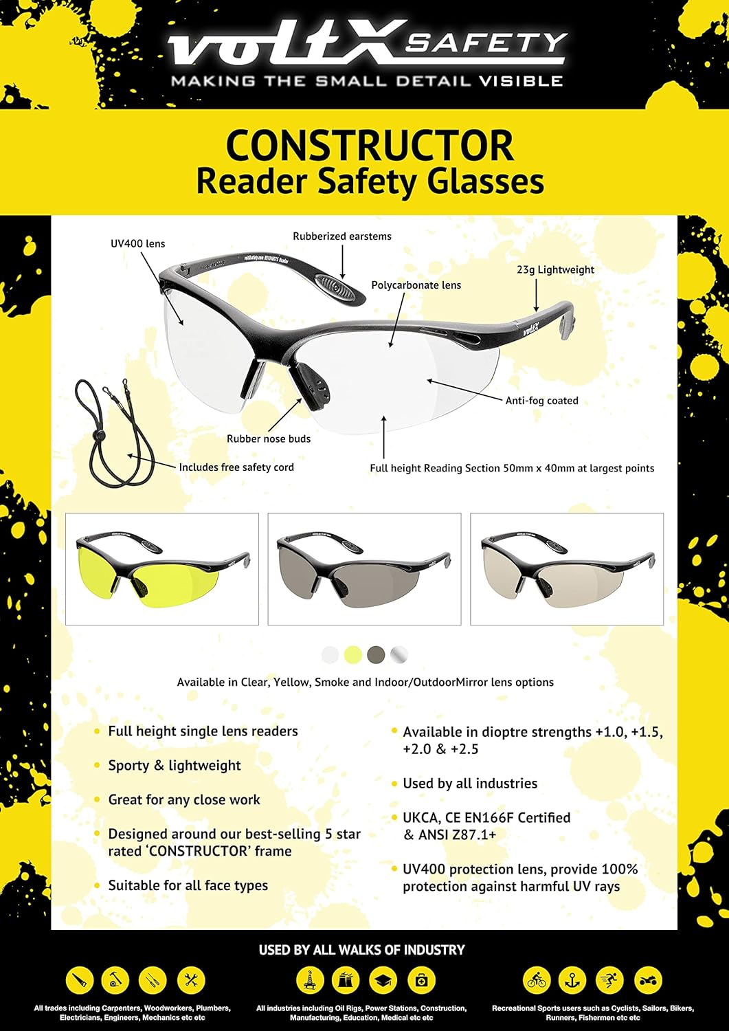 voltX 'Constructor' SAFETY READERS (CLEAR +2.5 Dioptre) Full Lens Reading Safety Glasses ANSI Z87.1+ & CE EN166F, Wraparound Style - Includes Safety Cord with headstop - UV400 anti fog coated lens - Image 7