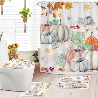 Fall Shower Curtain for Bathroom Set, Fall Bathroom Decor 4 PCS with Watercolor Pumpkins, Autumn Fall Shower Curtain Set, Non-slip Rug, Toilet Lid Cover, Bathroom Rug, Bath Curtains with Hooks 72"X72"