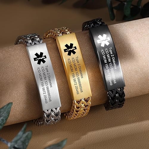 Miniatura 5 de OPALSTOCK Pulsera de alerta médica para mujeres y hombres, pulseras de identificación de alerta, pulsera de muñeca grabada de acero inoxidable con