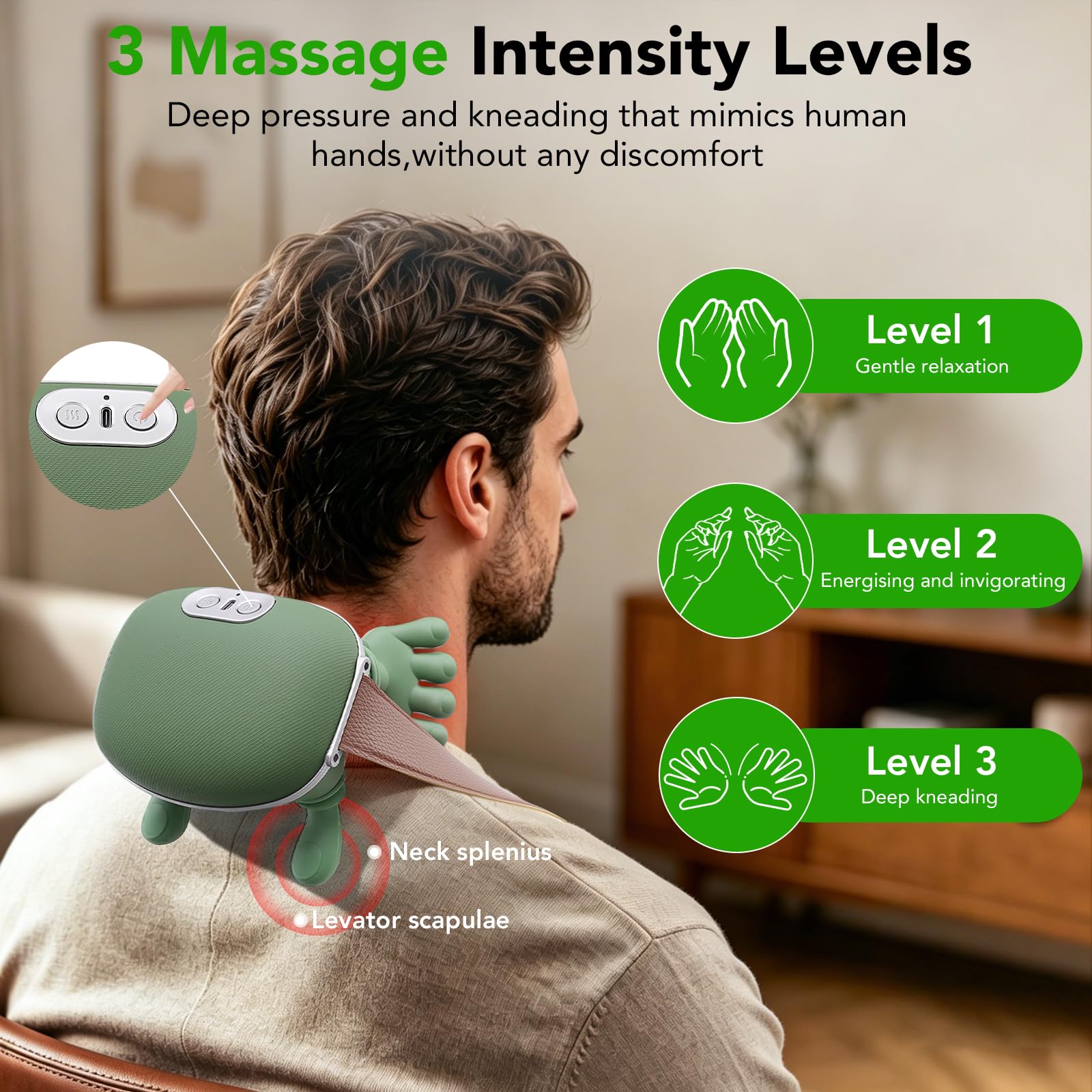 4D Masajeador Cervical y Espalda, Masajeador de Hombros para Cuello y Hombros con Función de Calor, 3 Velocidades, 2 Niveles de Calor (30°C/40°C), Masajeador para Casa/Oficina/Viajes/Regalos, Verde