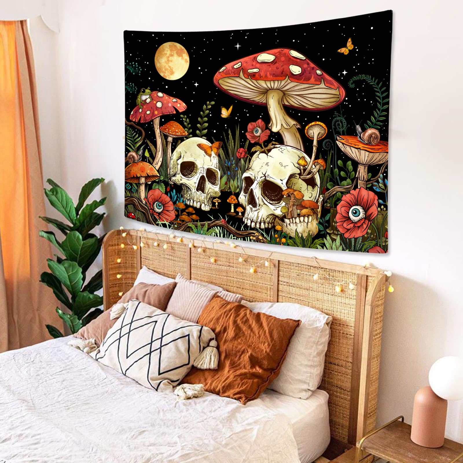 Tapiz Con Diseño De Calavera Y Hongos Coloridos, Tapices Con